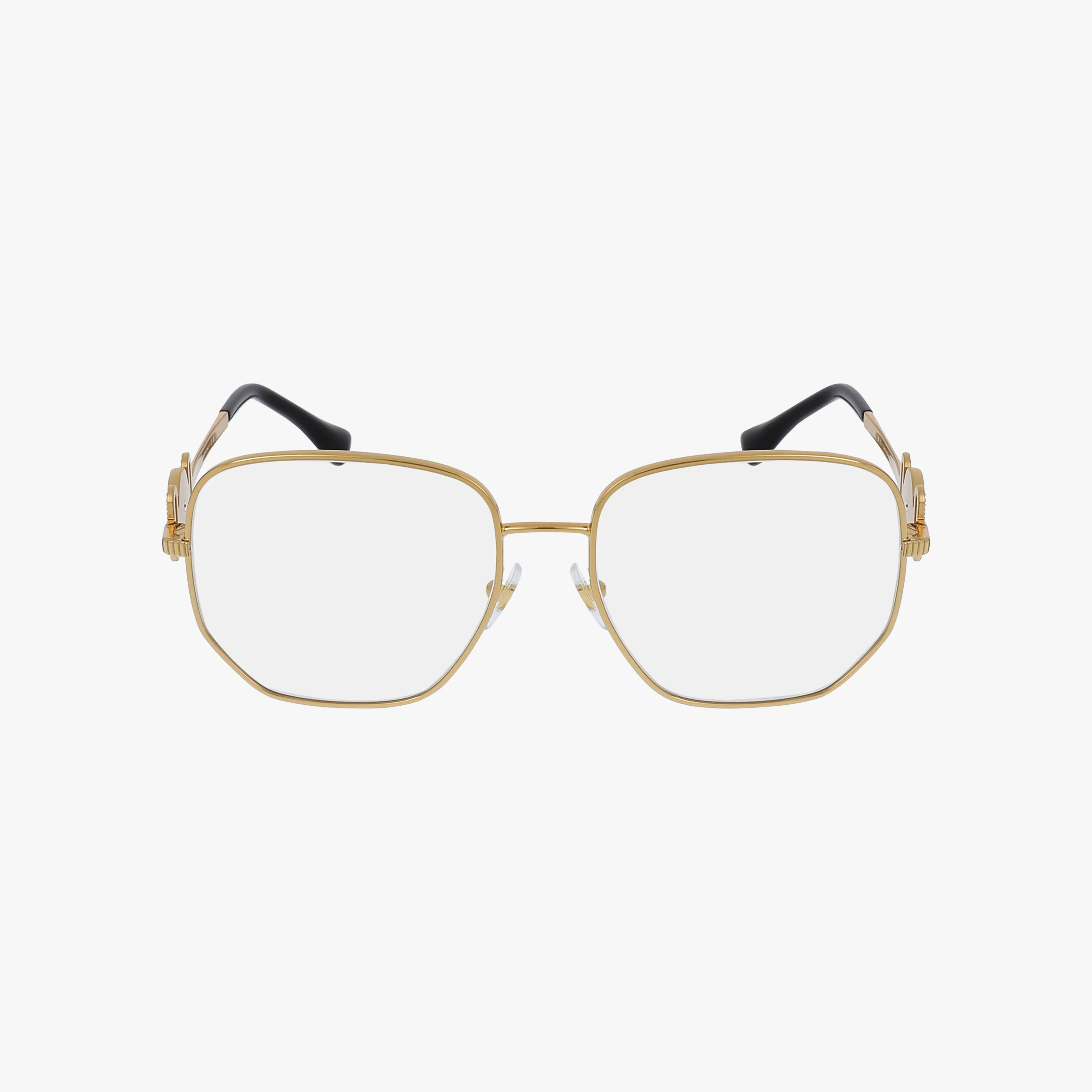 The VE1283 eyeglasses feature a gold, geometric frame with a thin metal design, clear lenses, and black temple tips, displayed on a plain white background.