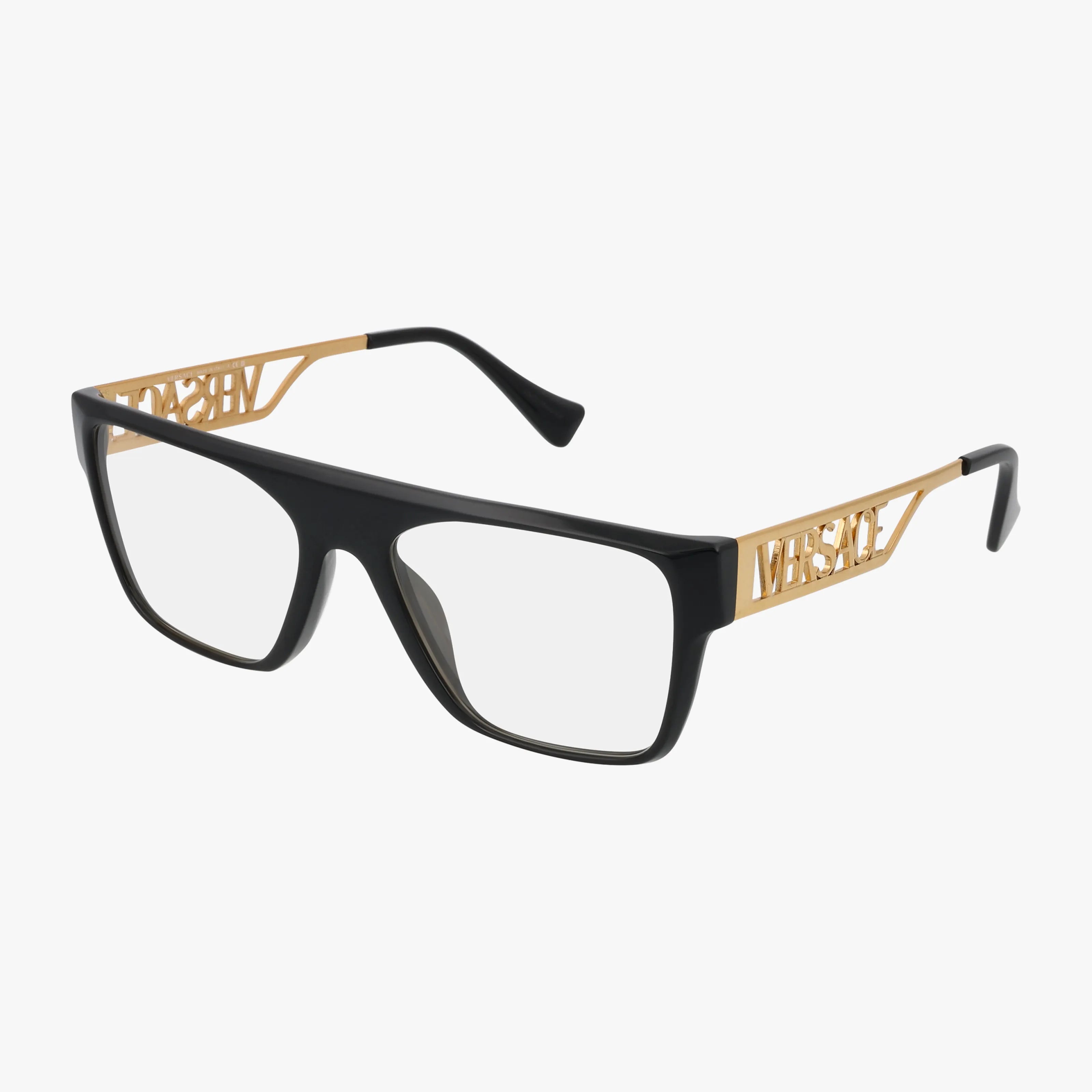 The VE3326U features black rectangular frames with gold temples and a cut-out VERSACE logo on the sides. Designed for daily wear, these lightweight eyeglasses offer clear lenses and a bold, modern look for all-day comfort.