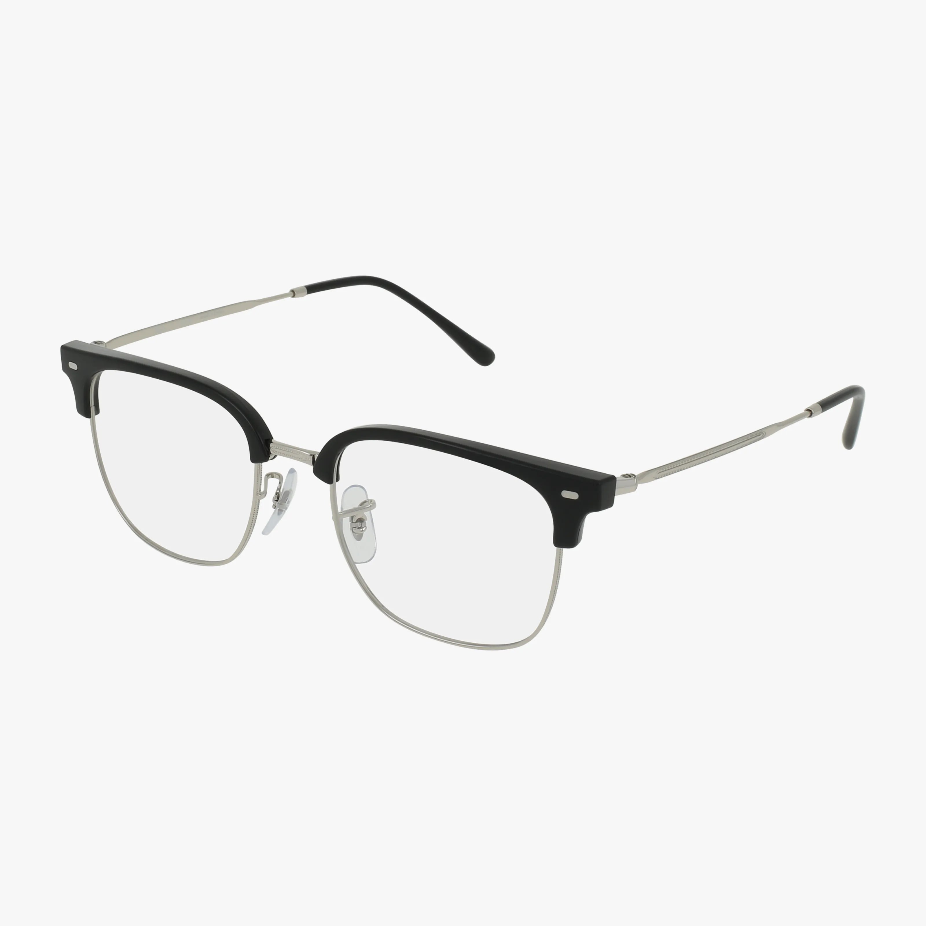 A pair of Ray-Ban RX7216 ERIK eyeglasses with a black upper frame and textured silver metal lower rims and arms, featuring clear lenses and adjustable nose pads.
