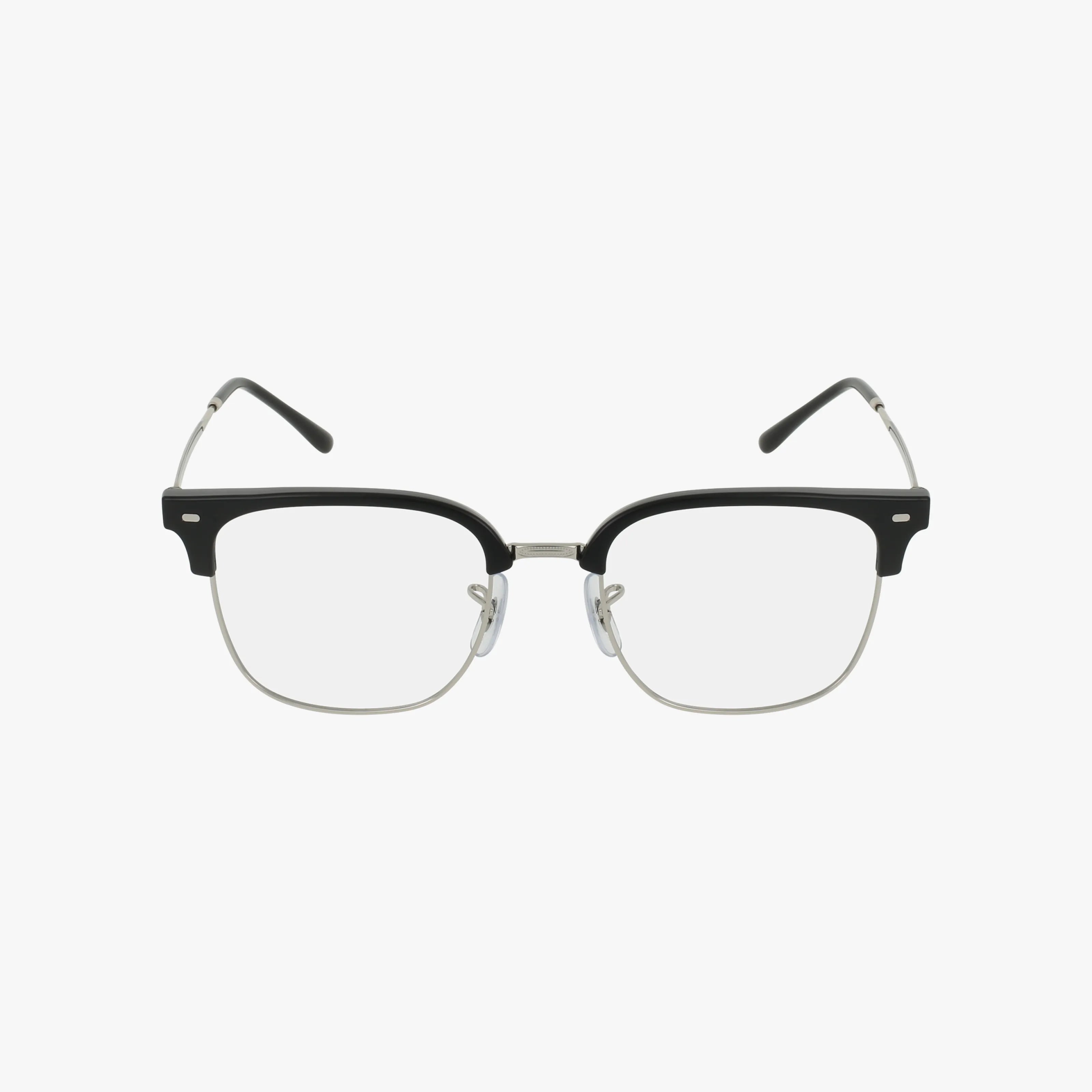 The RX7216 ERIK eyeglasses feature a black upper frame, silver textured metal lower rims, clear lenses, and adjustable nose pads, shown against a white background.