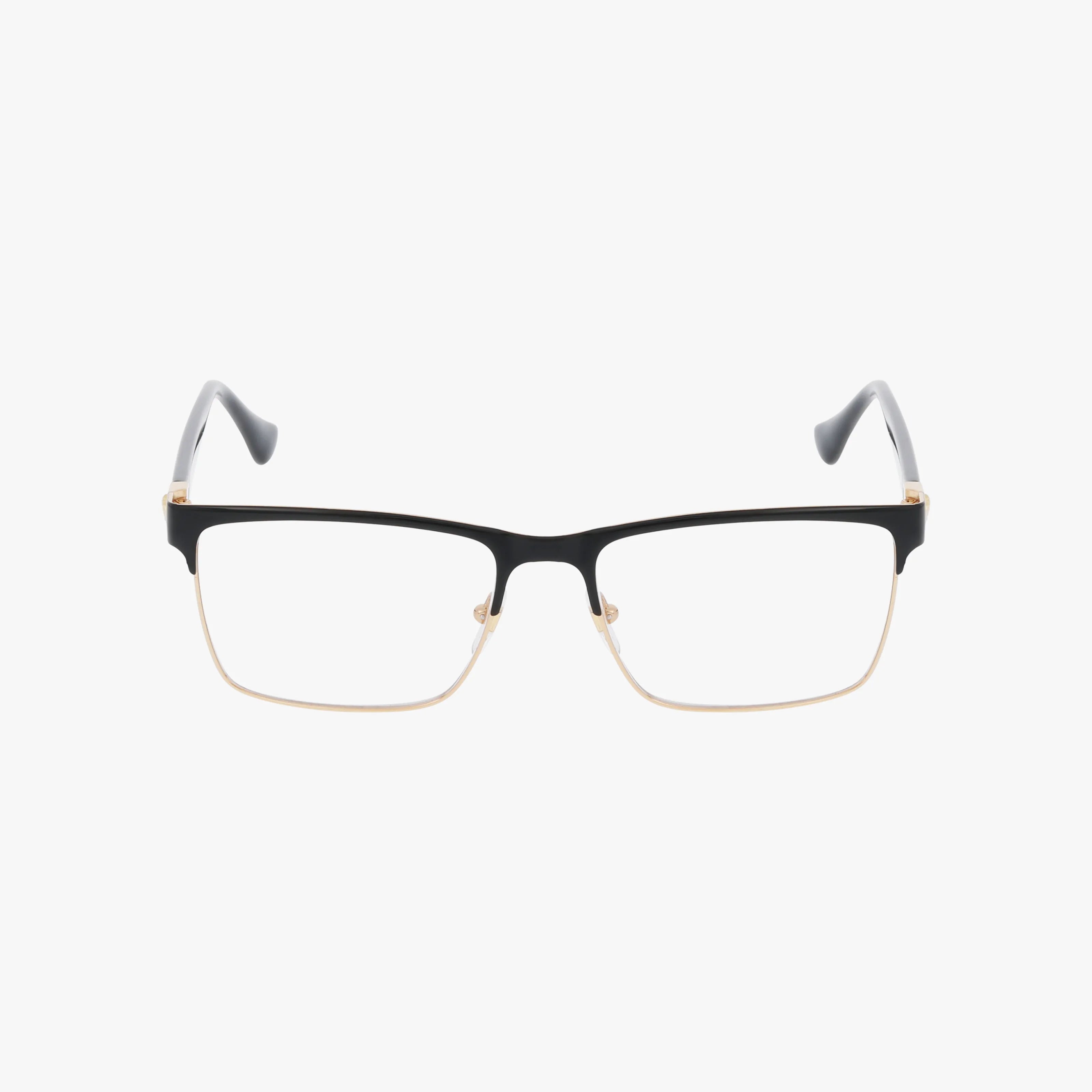 The VE1285 eyeglasses feature a rectangular shape with a black upper rim, gold lower rims, transparent prescription lenses, and black temples with curved ends. Displayed on a plain white background.