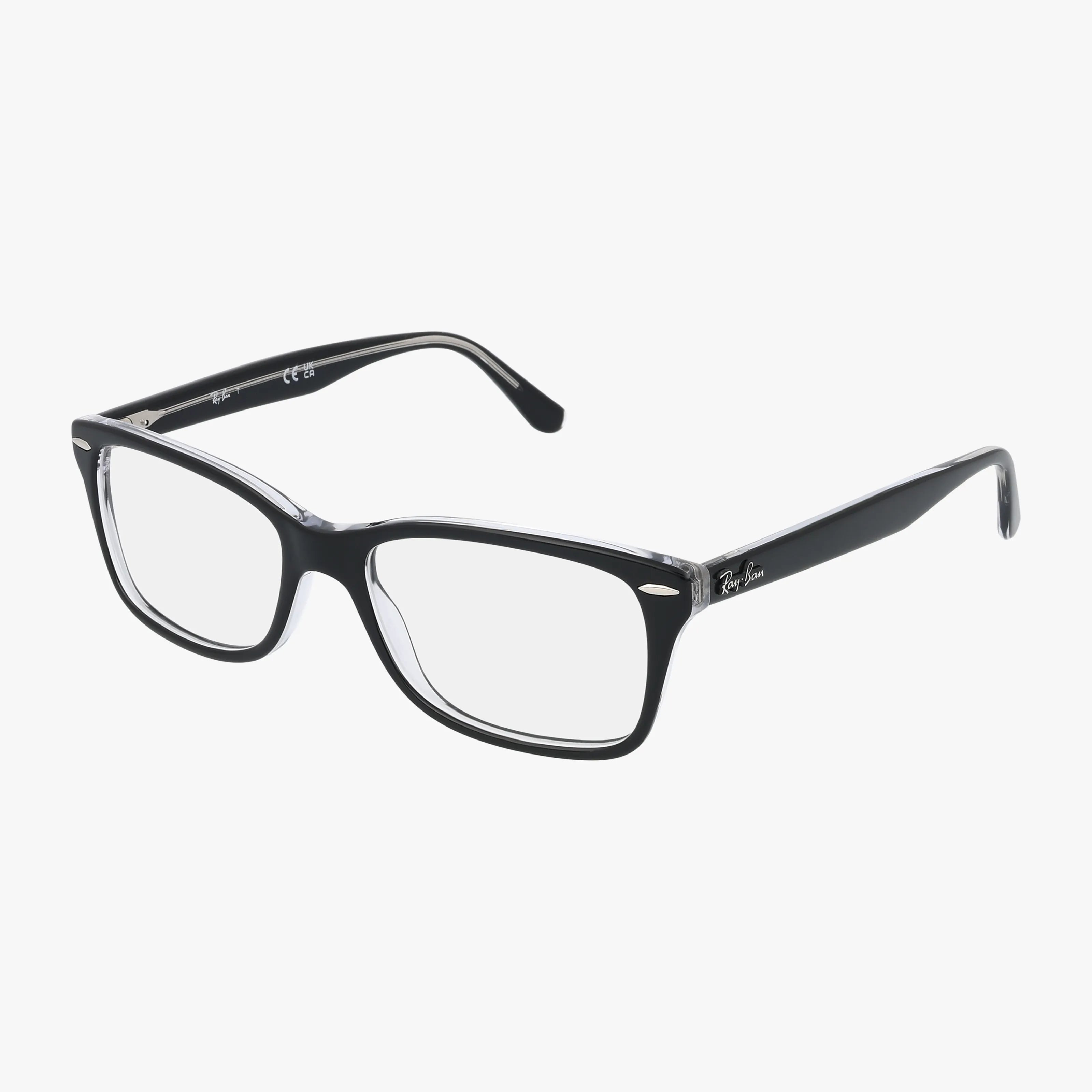 The RX5428 features black rectangular frames with clear lenses, a glossy fashionable finish, and the Ray-Ban logo on the arms, showcased against a plain white background.