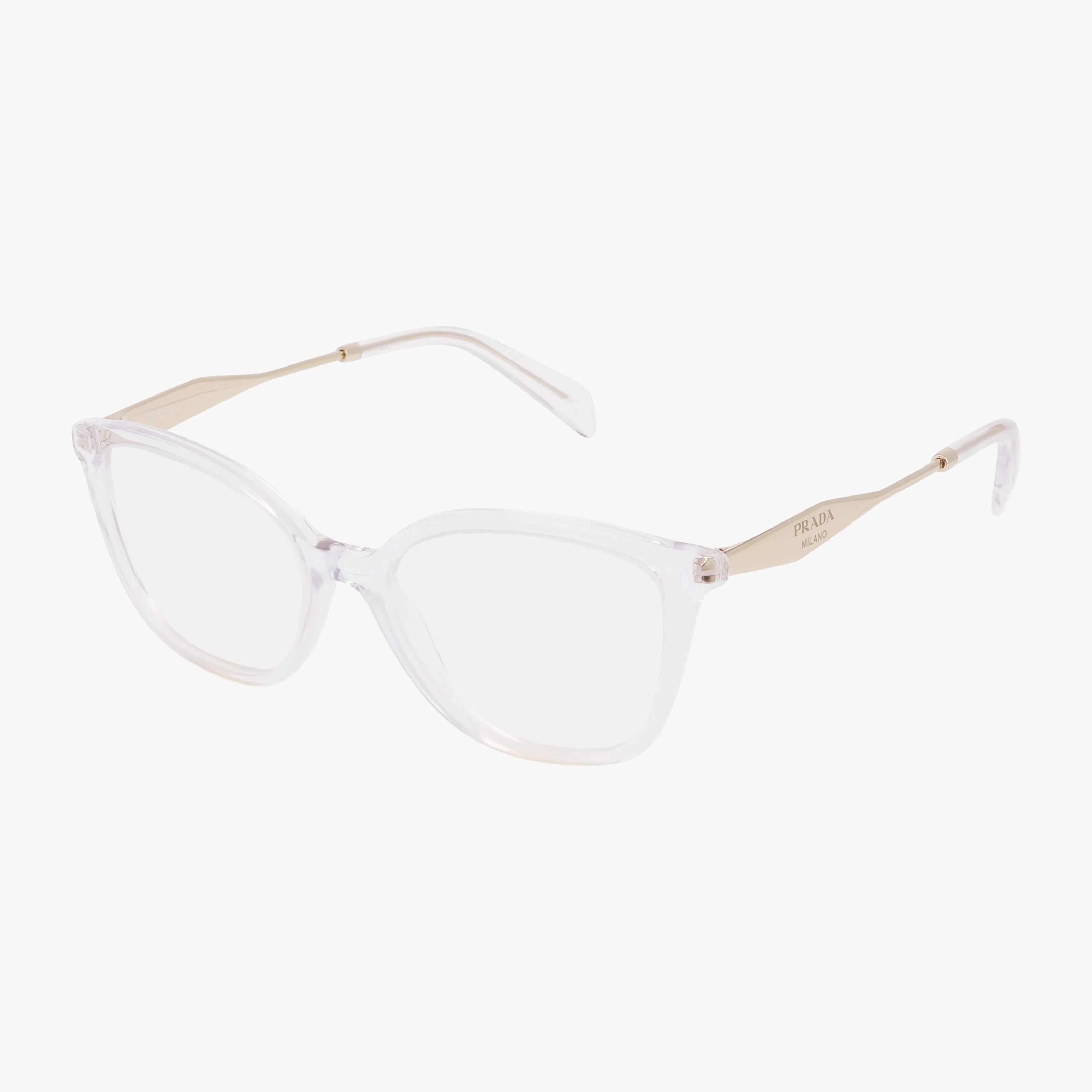 The PR02ZV eyeglasses feature clear frames, transparent lenses, and gold-toned arms with PRADA branding by the hinges. This luxurious style is shown angled on a plain white background.