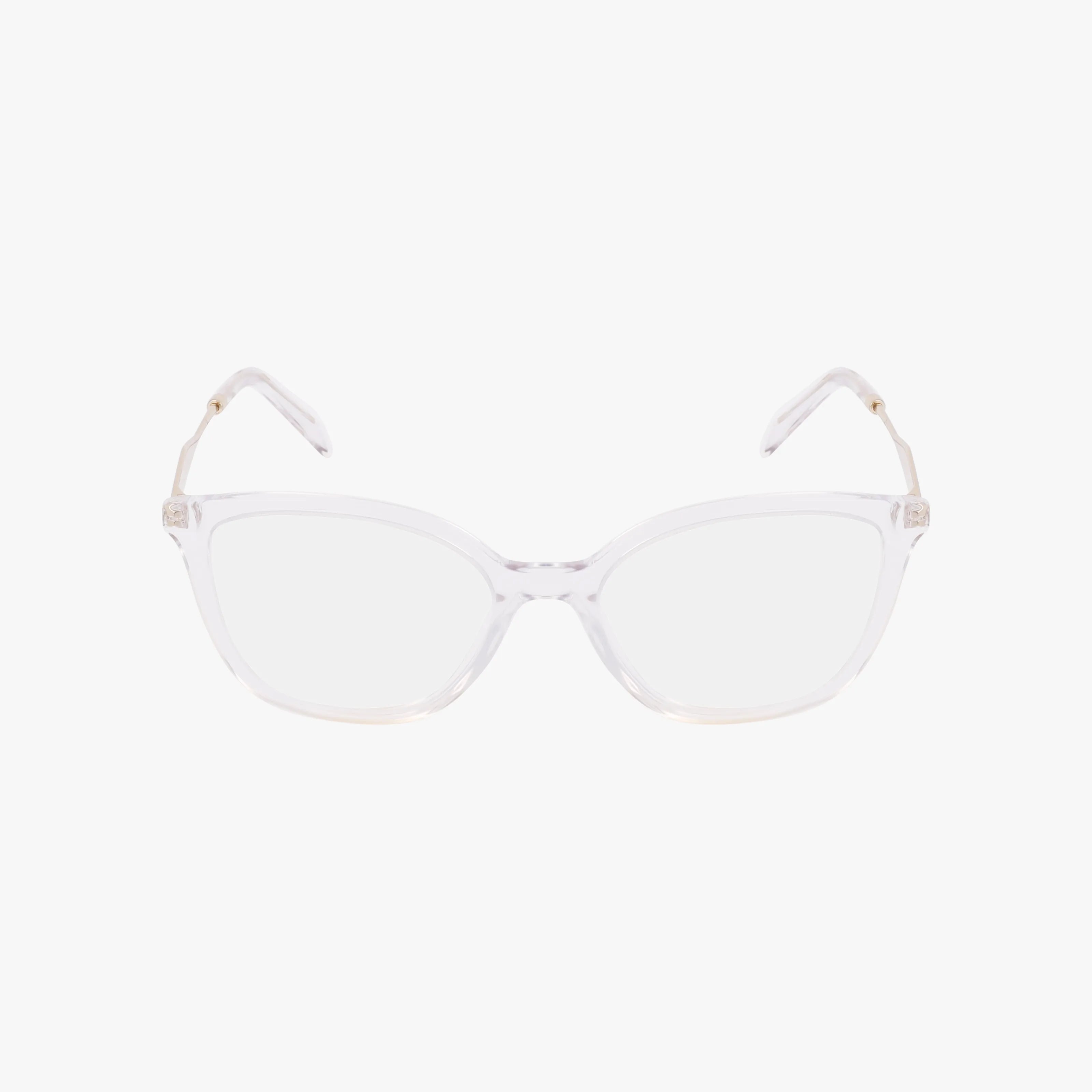 The PR02ZV eyeglasses feature a luxurious transparent rectangular front and gold-accented arms, shown on a white background.