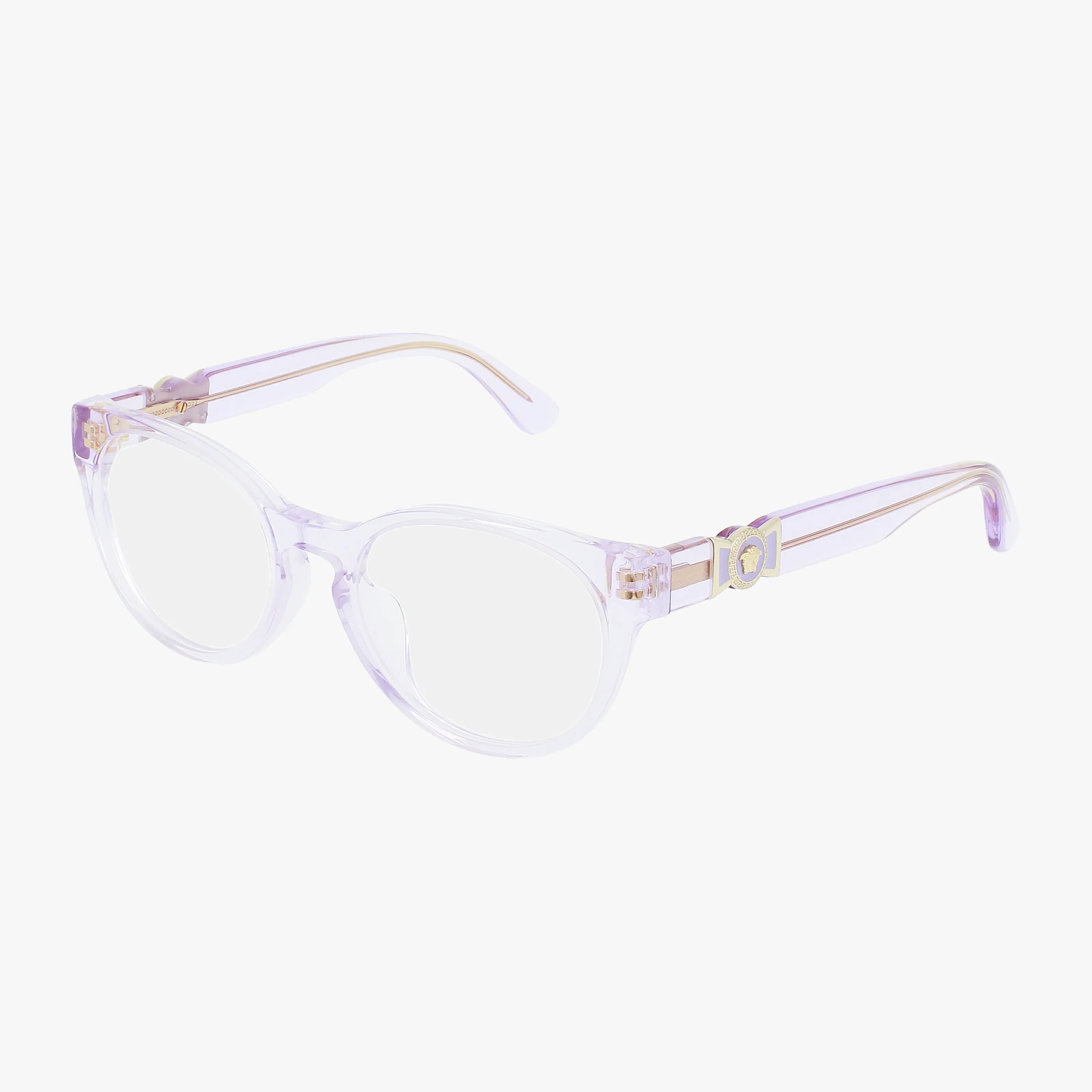 The VK3323U features clear plastic round lenses and gold temple accents in a refined frame, displayed on a white background.