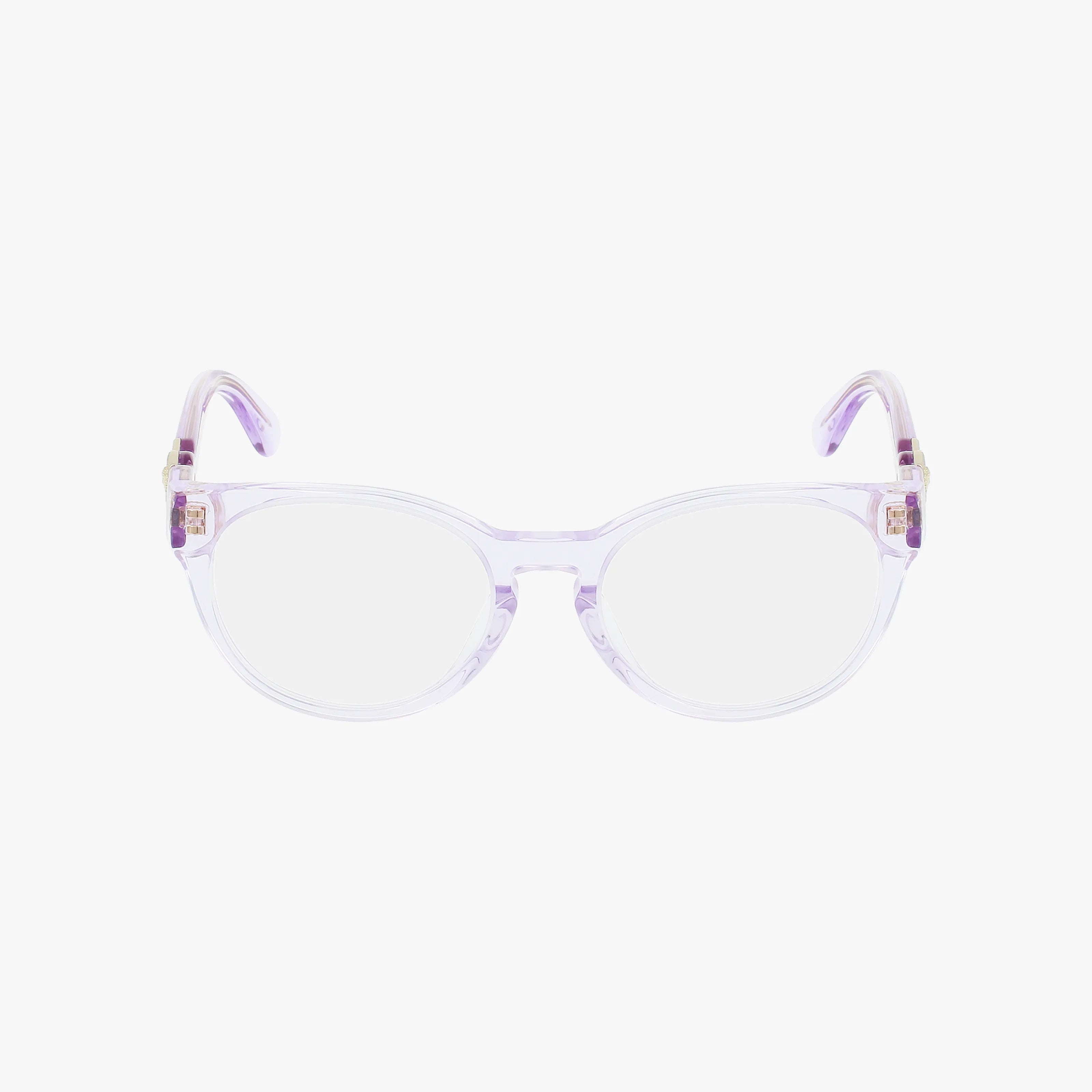 The VK3323U eyeglasses feature round, transparent light purple rims and a refined frame, displayed from the front against a plain white background.