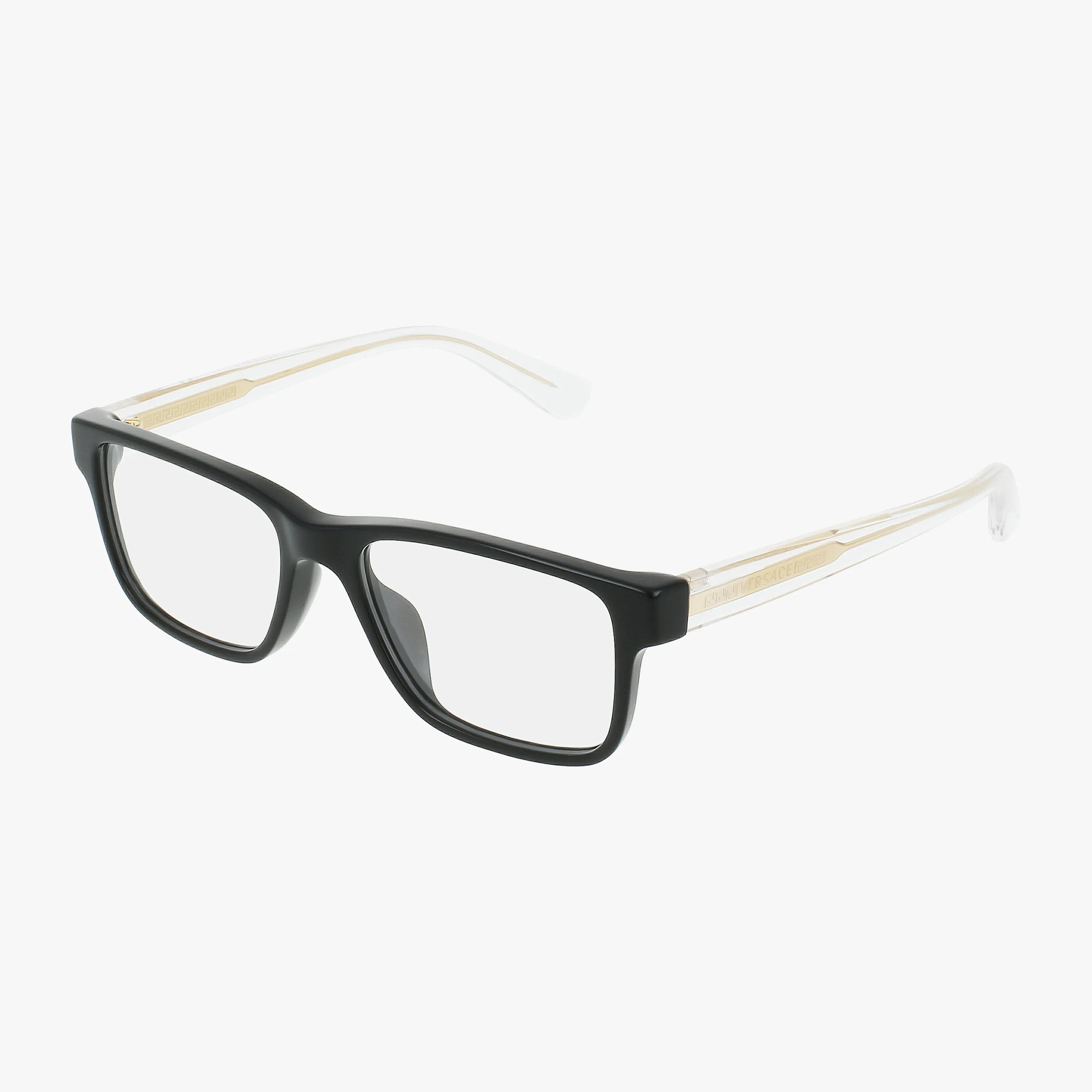 The VK3324U features a stylish black rectangular front with clear, transparent temples, combining modern innovation in design, displayed on a white background.