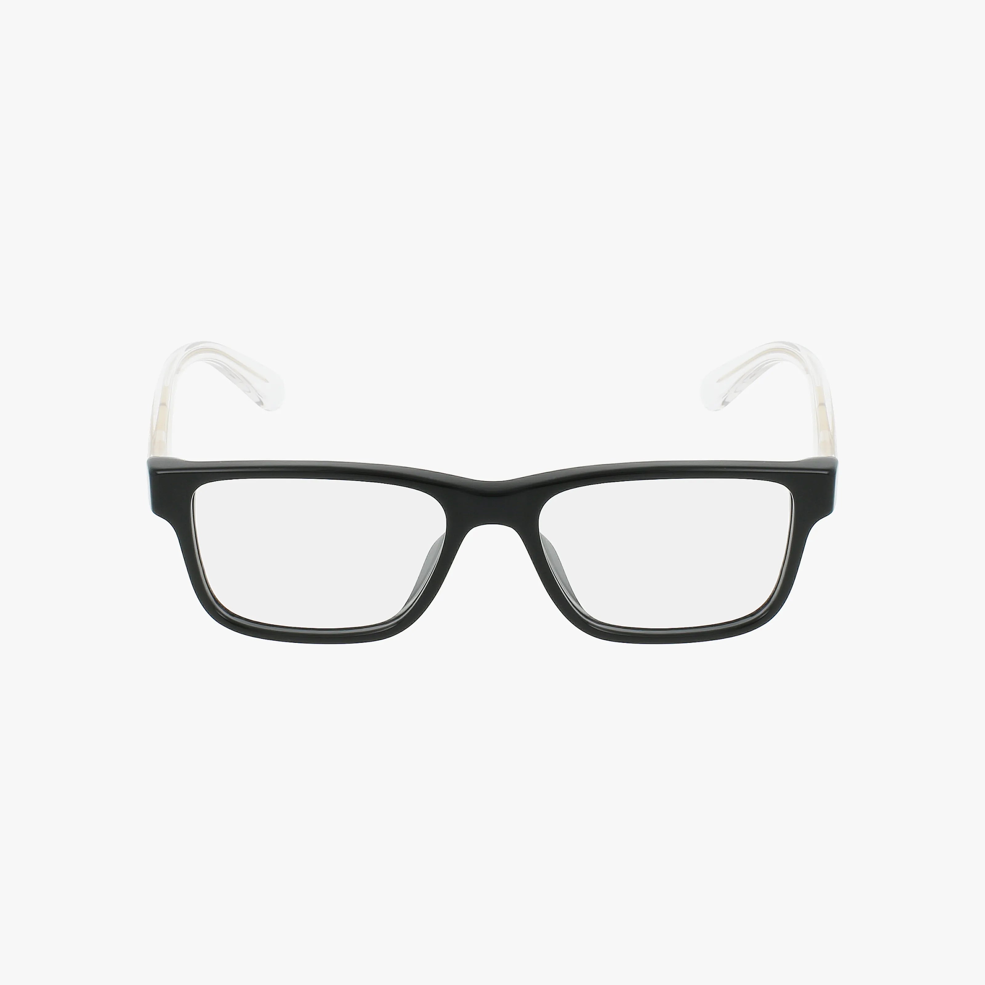 The VK3324U eyeglasses feature a rectangular shape with a stylish black frame and clear temples, showcasing modern innovation, displayed on a plain white background.