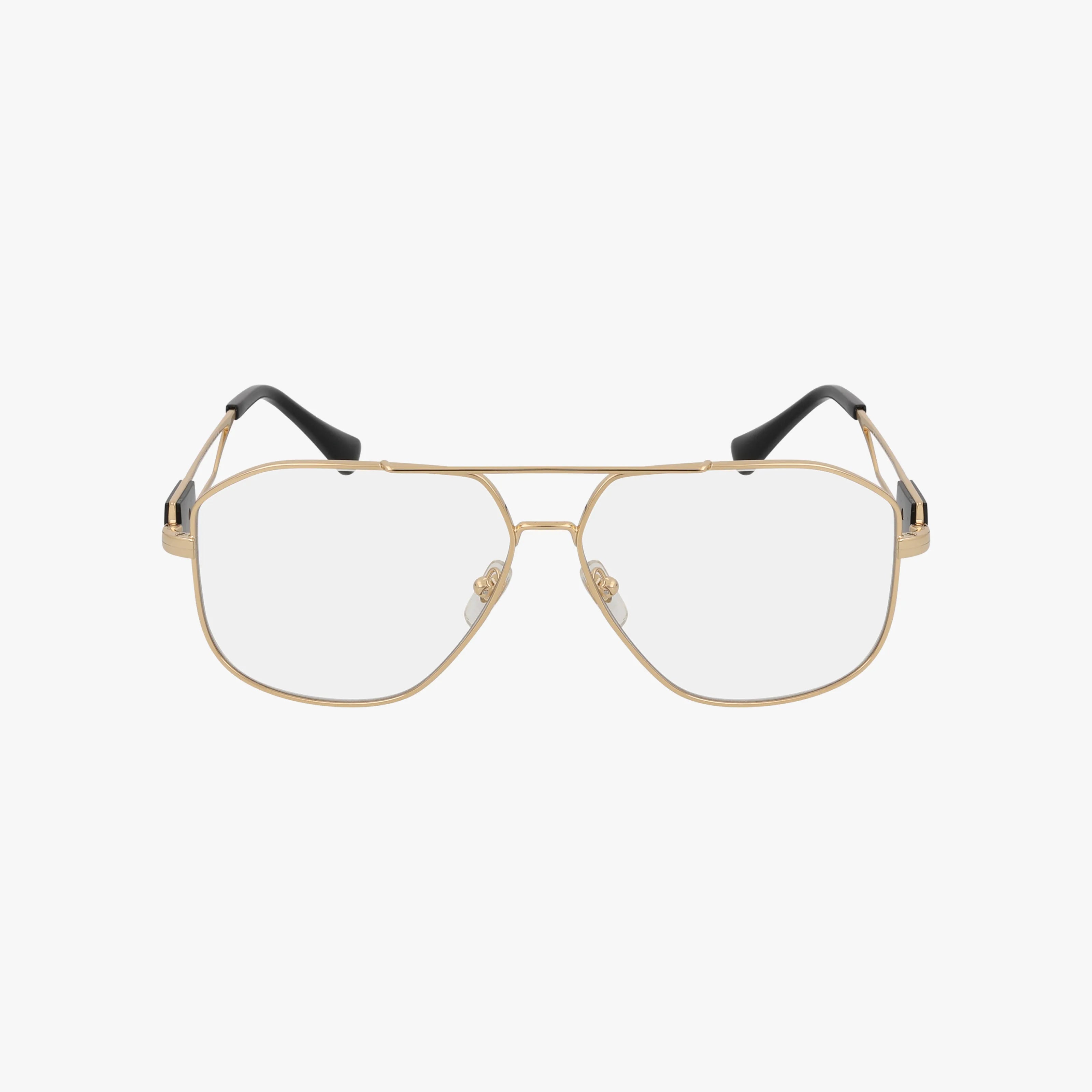 The VE1287 gold metal aviator eyeglasses feature clear lenses, black temple tips, and adjustable nose pads for a versatile, lightweight fit, shown against a plain white background.