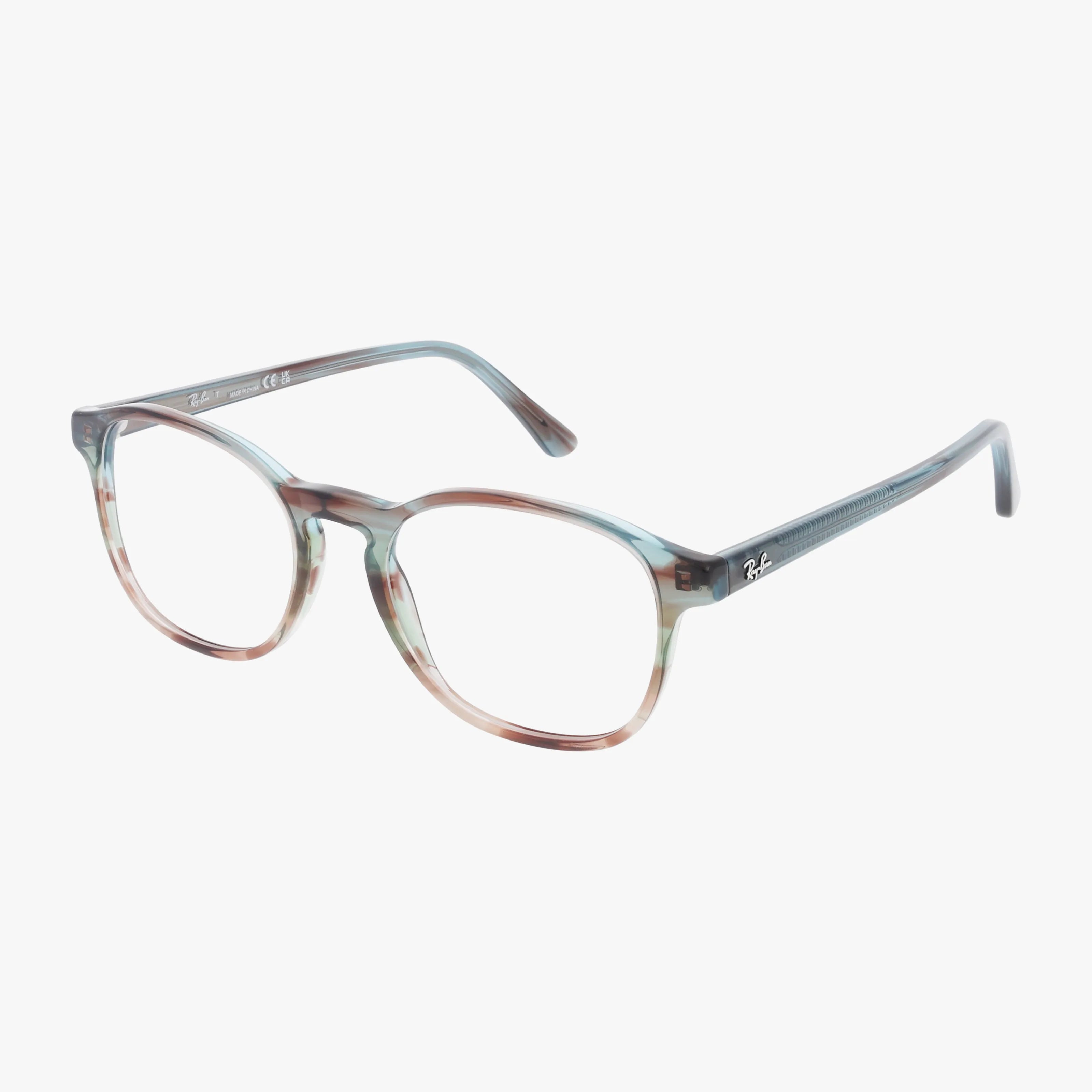 The Ray-Ban RX5417 eyeglasses feature round clear lenses and a chic multicolored plastic frame in brown, green, and blue, delivering both style and vision benefits against a white background.