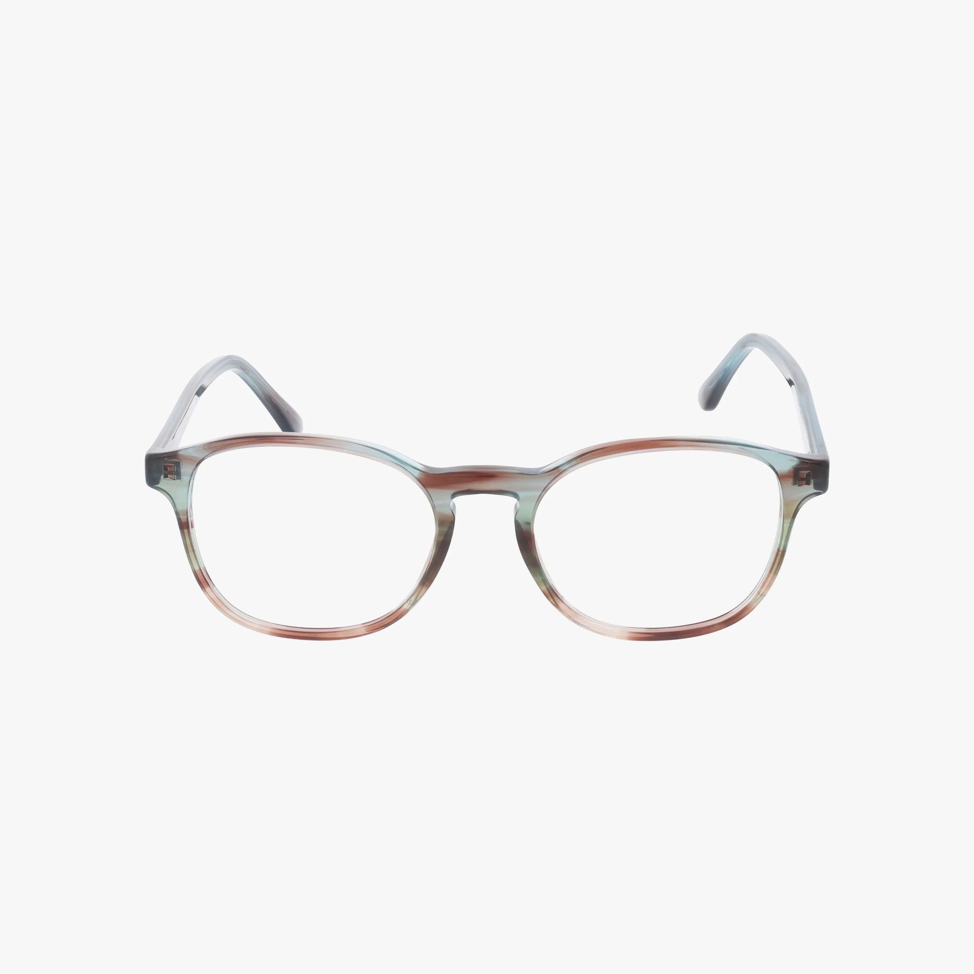 The RX5417 eyeglasses showcase a chic frame with round, translucent edges and a subtle blue-brown blend, displayed against a plain white background.