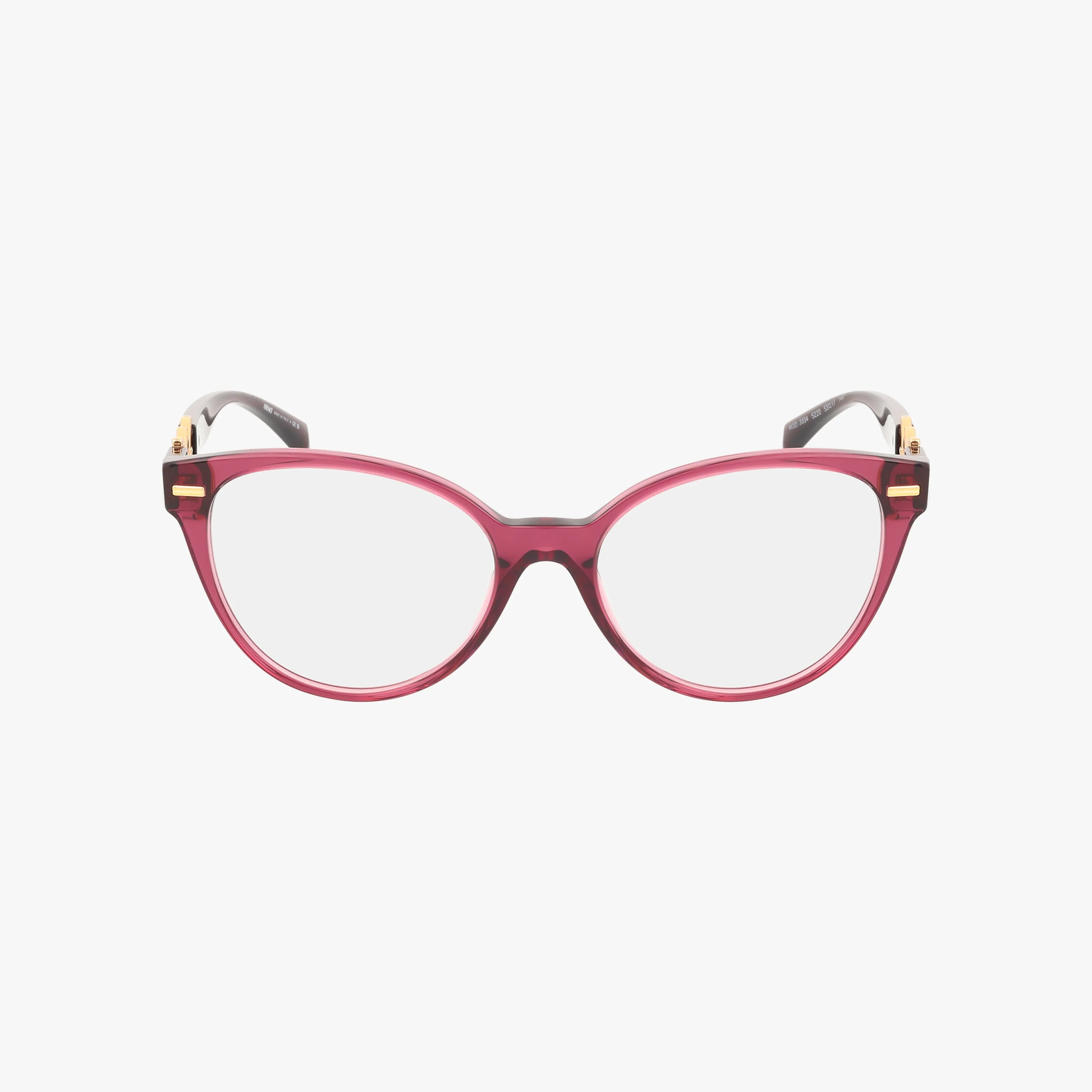 The VE3334 is a pair of eyeglasses with round, transparent progressive lenses, a glossy dark pink frame, gold accents near the hinges, and black-and-white patterned temple arms. Displayed against a plain white background.