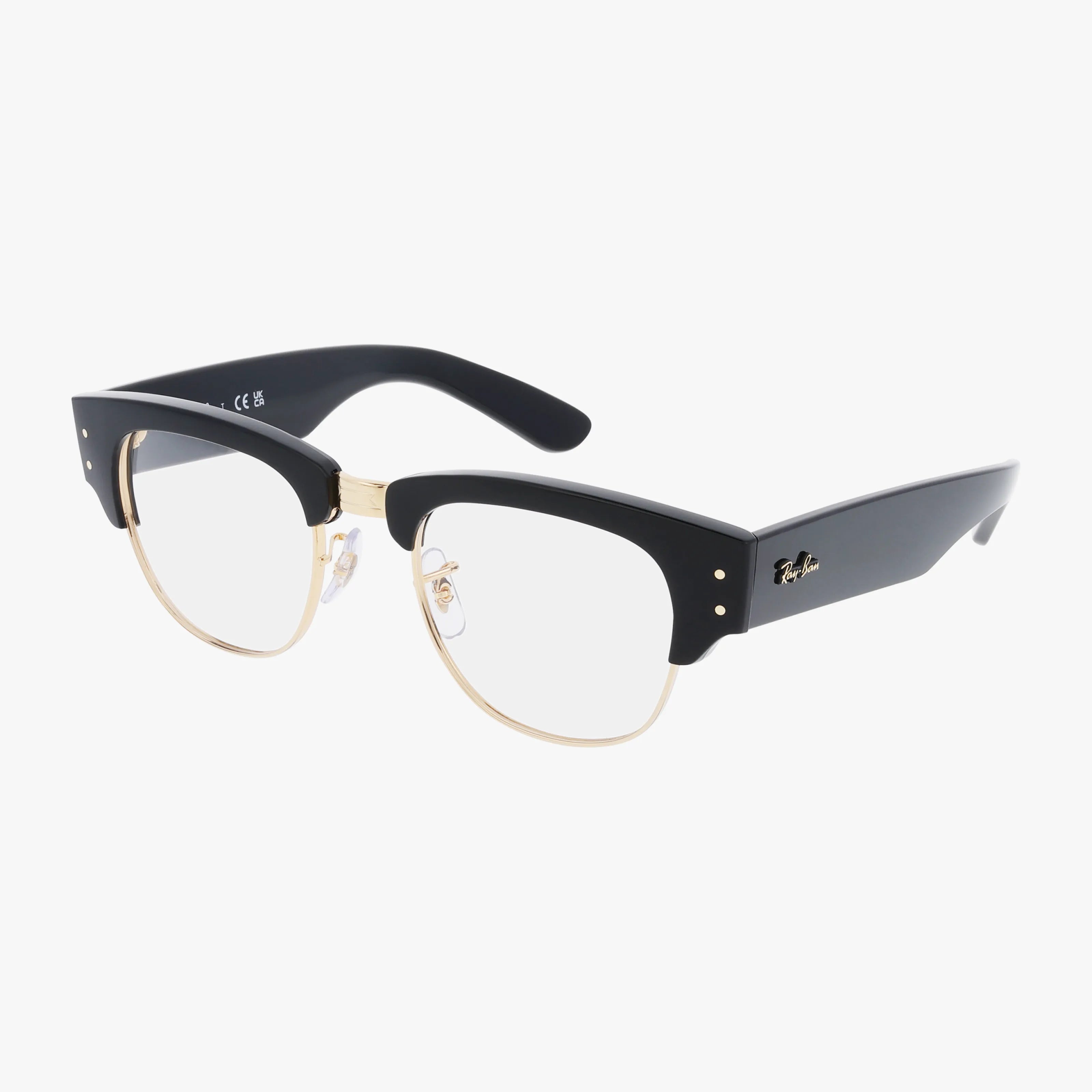 The RX0316V MEGA CLUBMASTER features thick black browline rims and temples, gold lower rims, clear lenses, and nose pads—perfect for distinctive style. Shown on a white background.