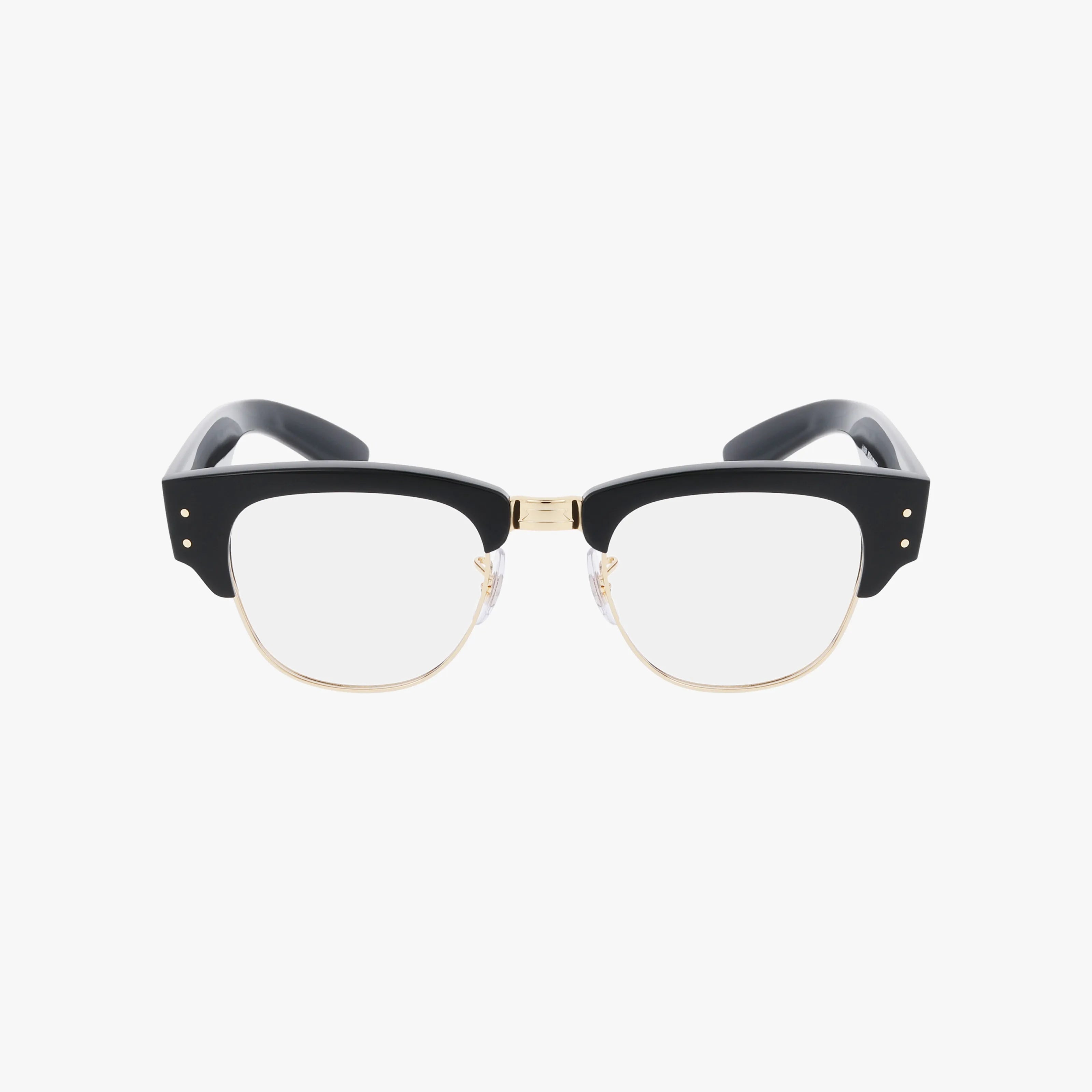 Front view of the RX0316V MEGA CLUBMASTER eyeglasses featuring black upper frames, gold lower rims, clear lenses, a keyhole bridge, and silver accents—a versatile choice for distinctive style.