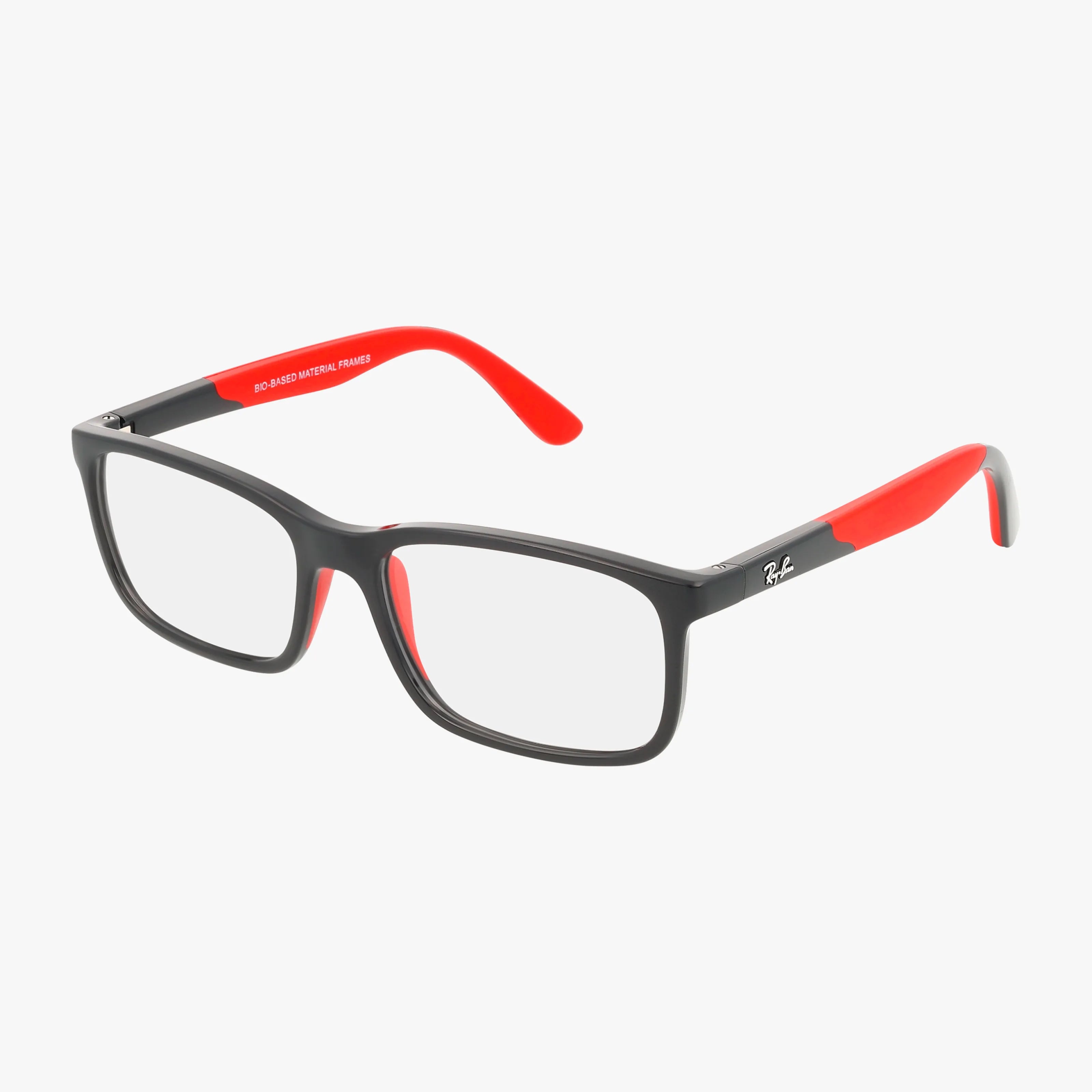 The Ray-Ban RY1621 features a matte black rectangular frame with red inner arms, gray tips, and the Ray-Ban logo on the side. Its lightweight design and red-accented temples make it perfect for daily use.