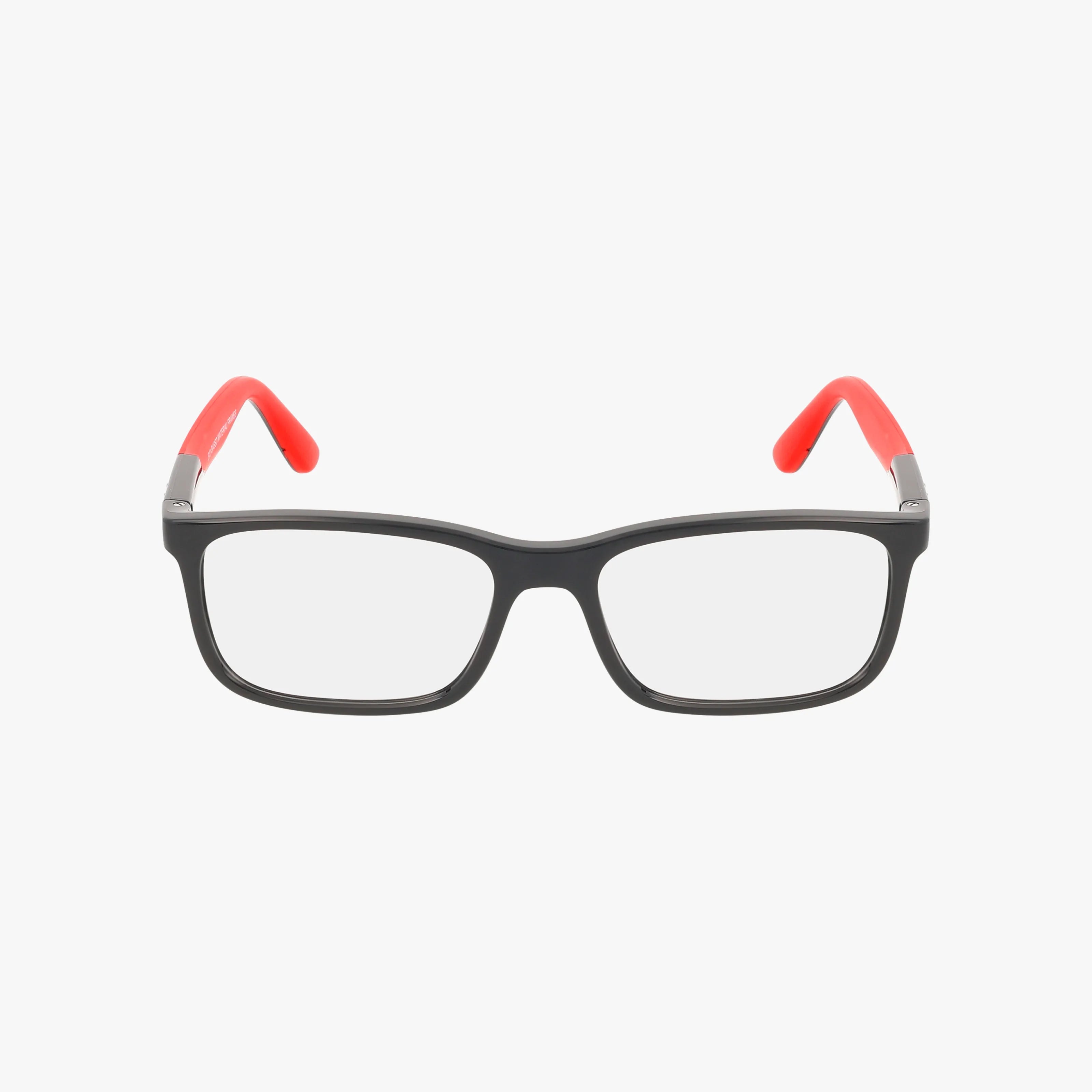 RY1621 rectangular black eyeglasses feature clear blue light lenses and red temple tips. Designed for everyday wear, these lightweight frames are displayed on a plain white background.