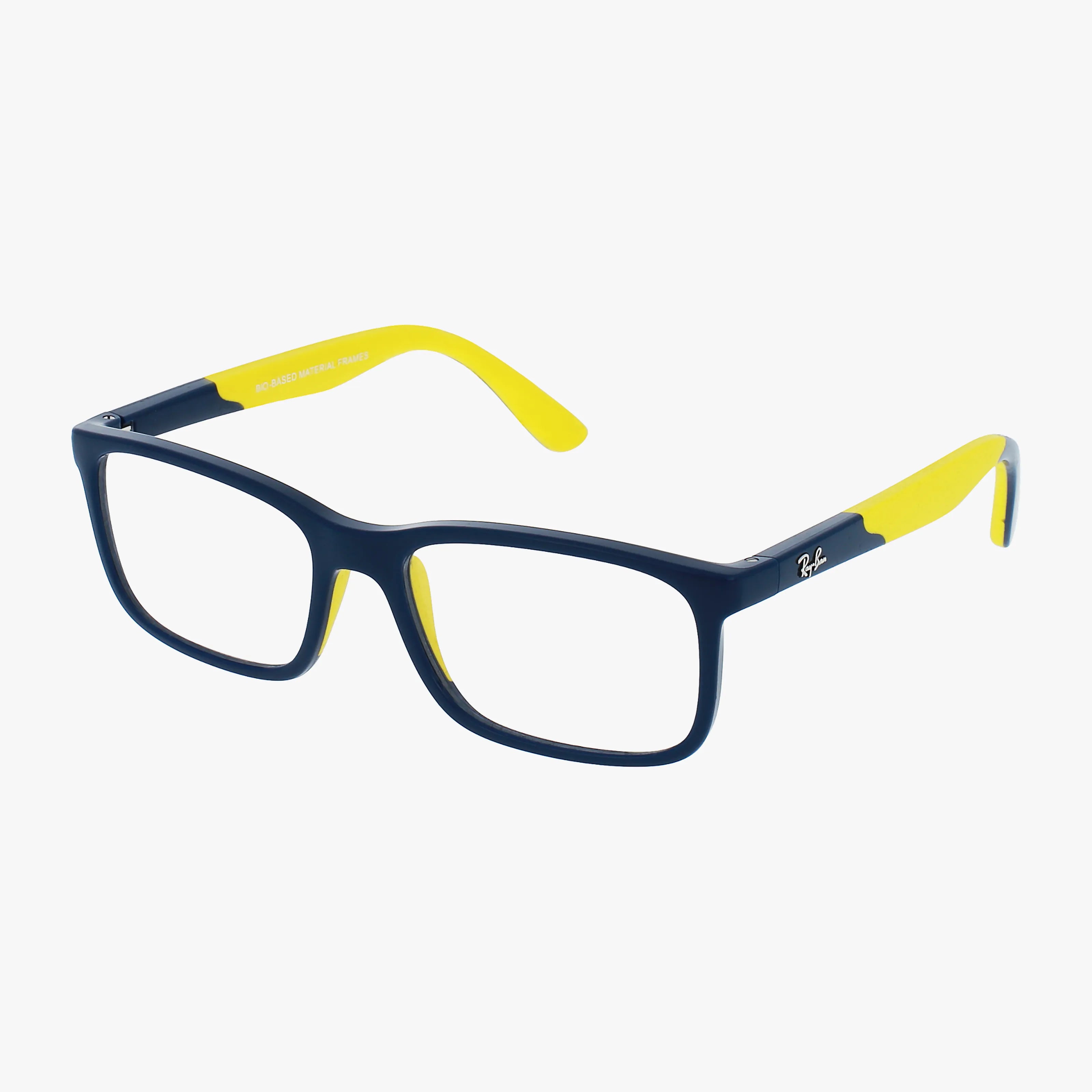 The RY1621 features rectangular eyeglasses with dark blue frames and temples, bright yellow inner sides for a two-tone look, and a lightweight design ideal for daily wear. The Ray-Ban logo appears on the right temple.