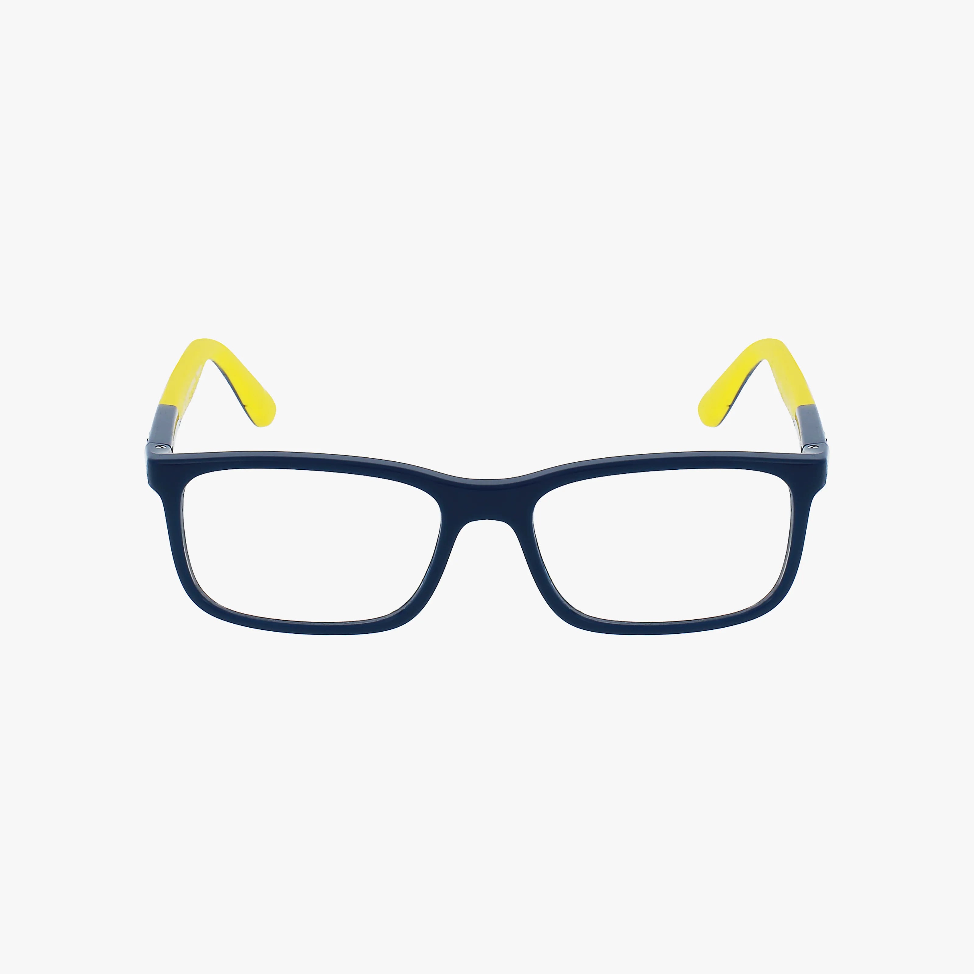 The RY1621 is a pair of rectangular eyeglasses featuring lightweight dark blue frames and yellow temple tips, perfect for everyday wear and shown against a plain white background.