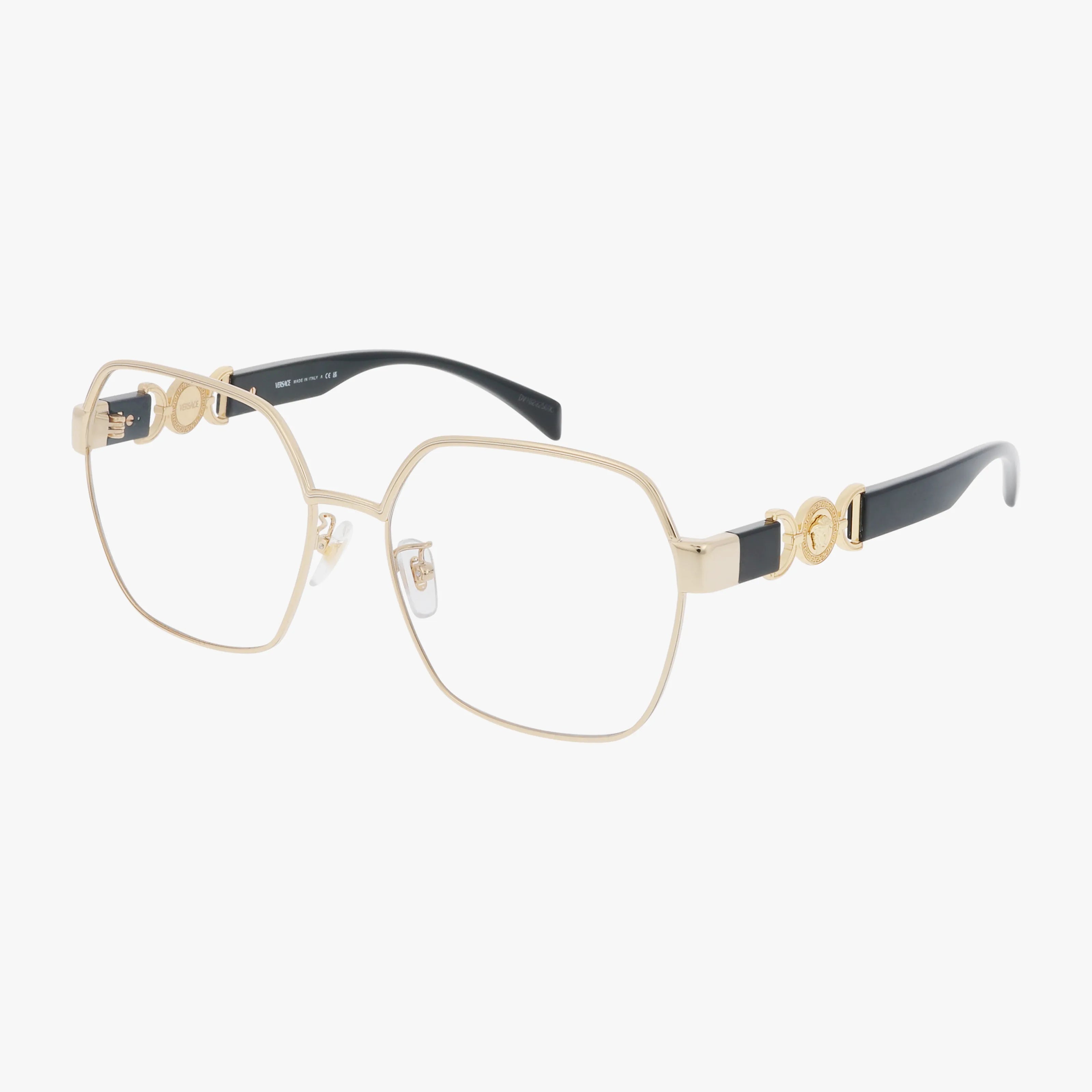 The VE1291D features gold-rimmed geometric eyeglasses with thin metal frames, black temple arms, and decorative gold hinge accents. Clear nose pads add comfort to this modern, stylish eyewear choice with a contemporary design.