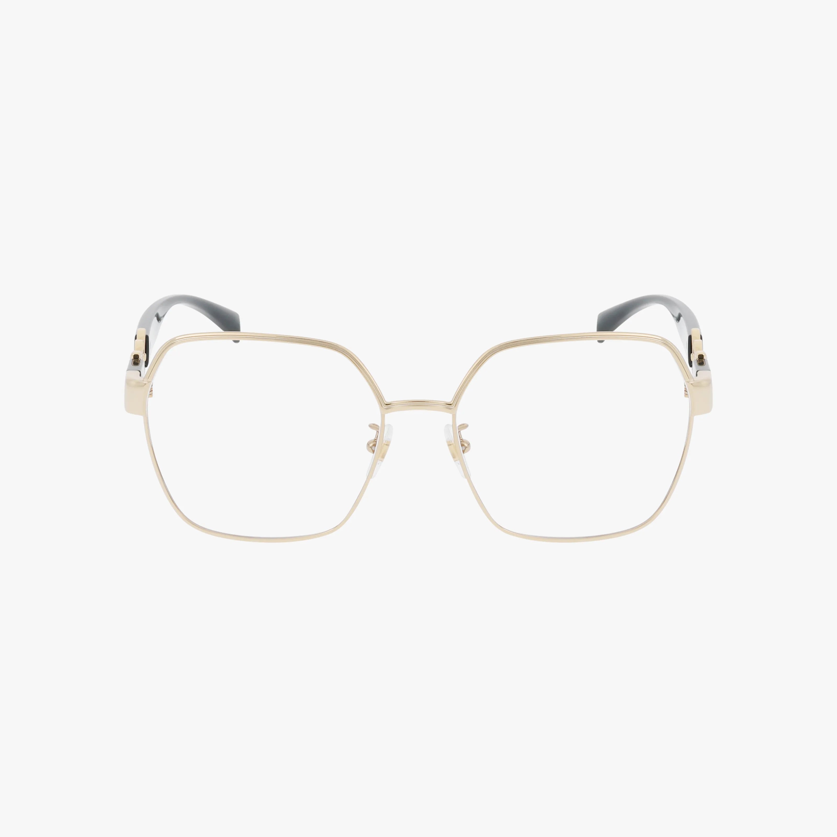 The VE1291D gold metal eyeglasses feature large square rims, clear lenses, modern frame design, and black temple tips, shown on a plain white background.