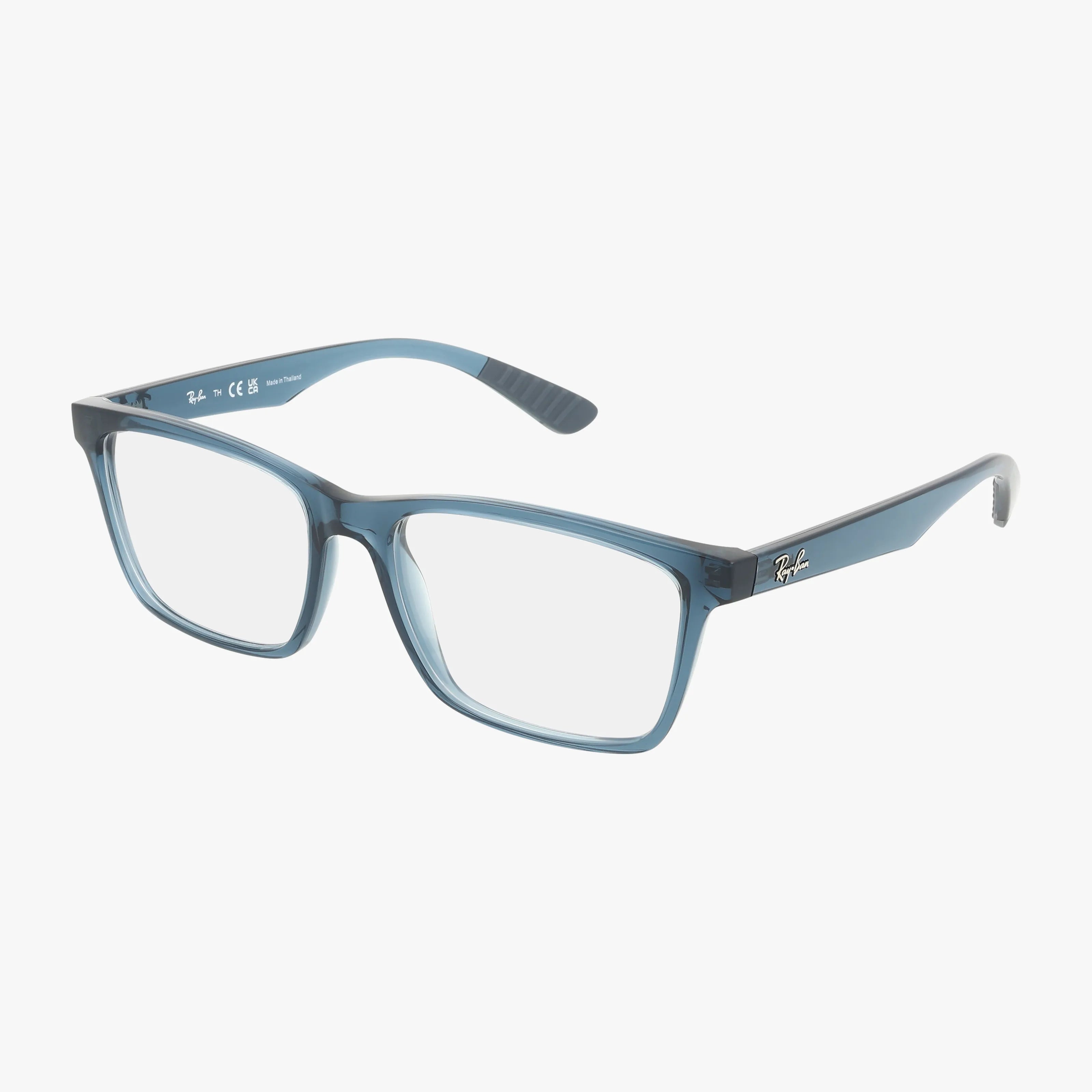 The Ray-Ban RX7025 features blue rectangular eyeglasses with a refined frame and clear lenses, displaying the signature logo on the temples. Shown against a white background.