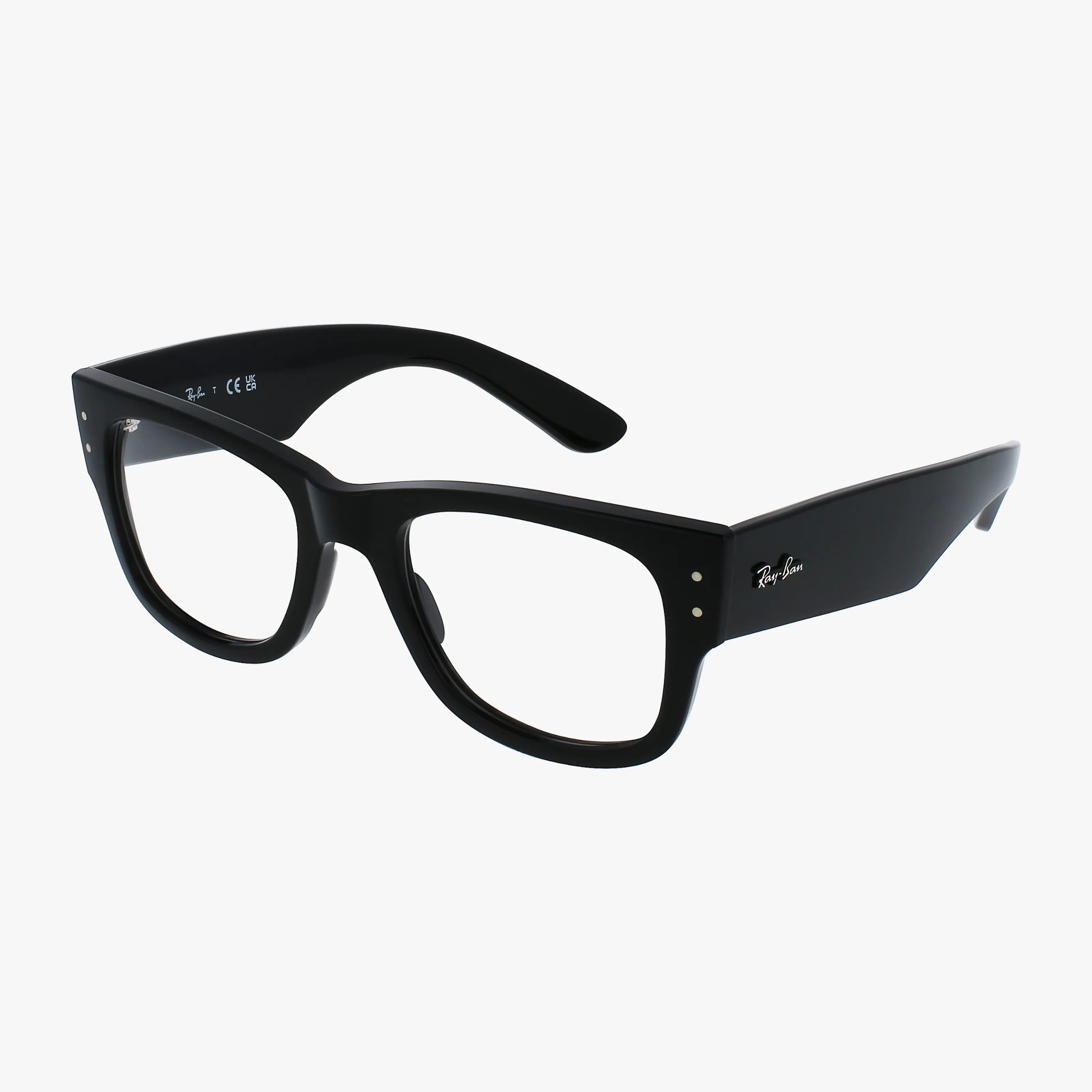A pair of black Ray-Ban RX0840V MEGA WAYFARER eyeglasses with thick rims, rectangular lenses, and wide arms, showcased on a white background, featuring a modern picture frame-inspired design.
