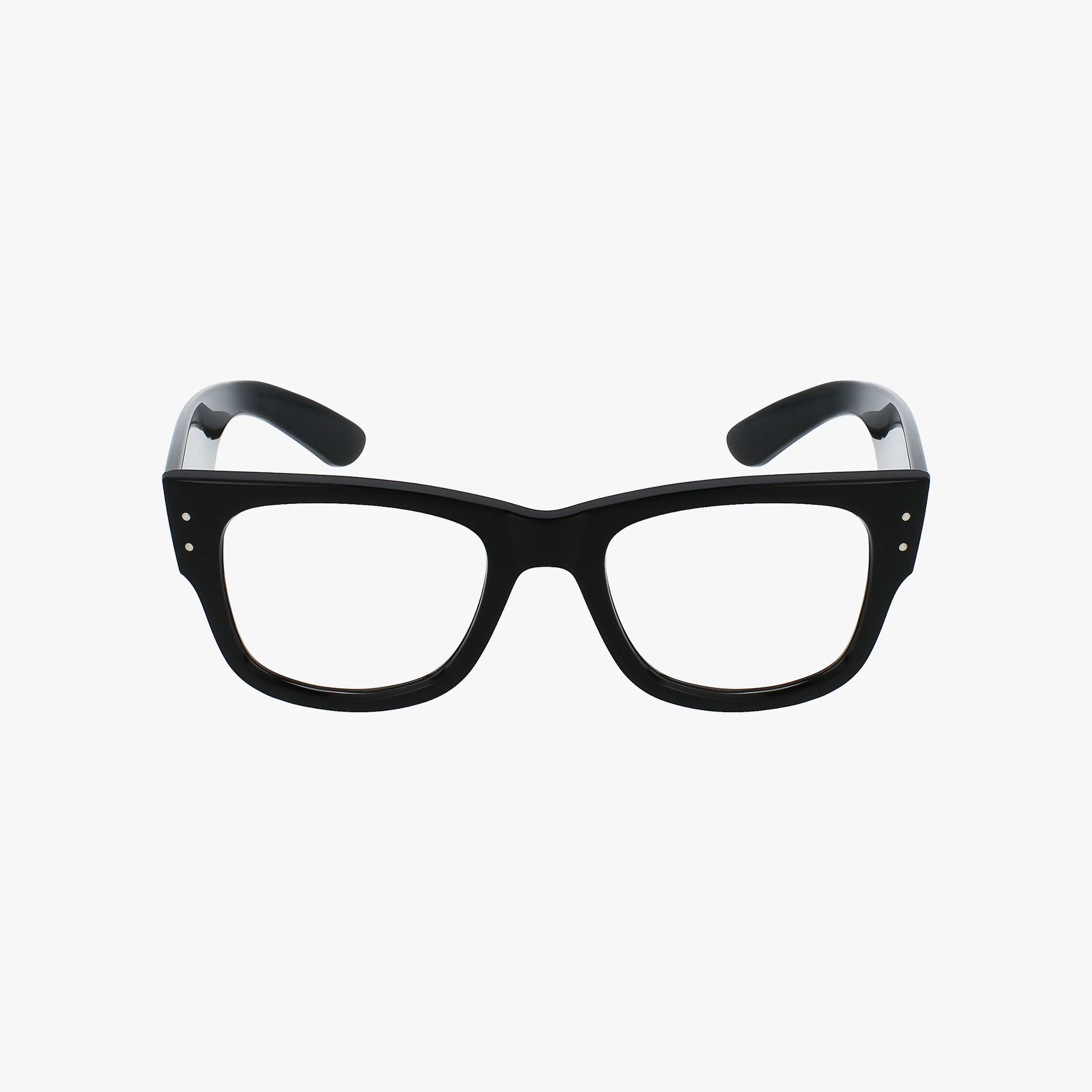 The RX0840V MEGA WAYFARER eyeglasses feature black, thick rims and rectangular lenses, showcased against a plain white background with a sleek, minimalistic design reminiscent of a modern picture frame.
