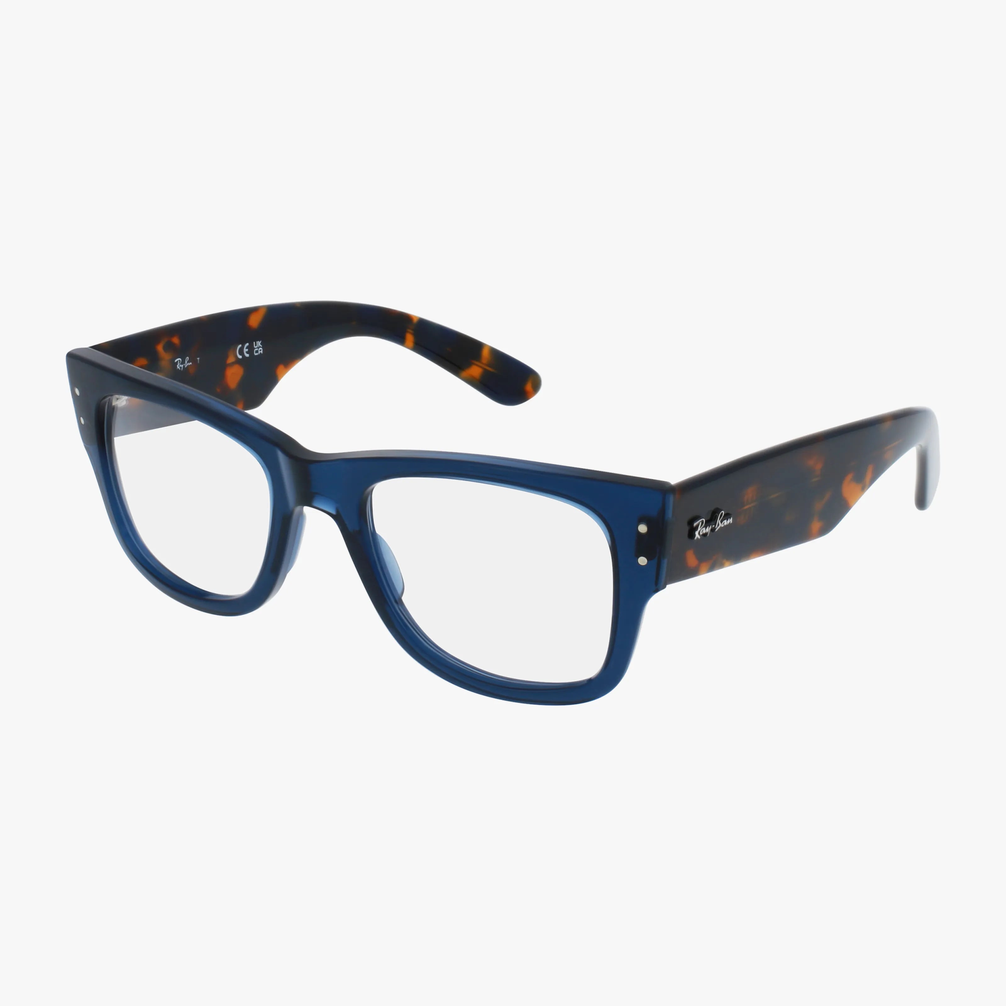 The RX0840V MEGA WAYFARER features blue rectangular frames with thick rims and tortoiseshell temples, adorned with the Ray-Ban logo on the arms, displayed like a modern picture frame on a white backdrop.