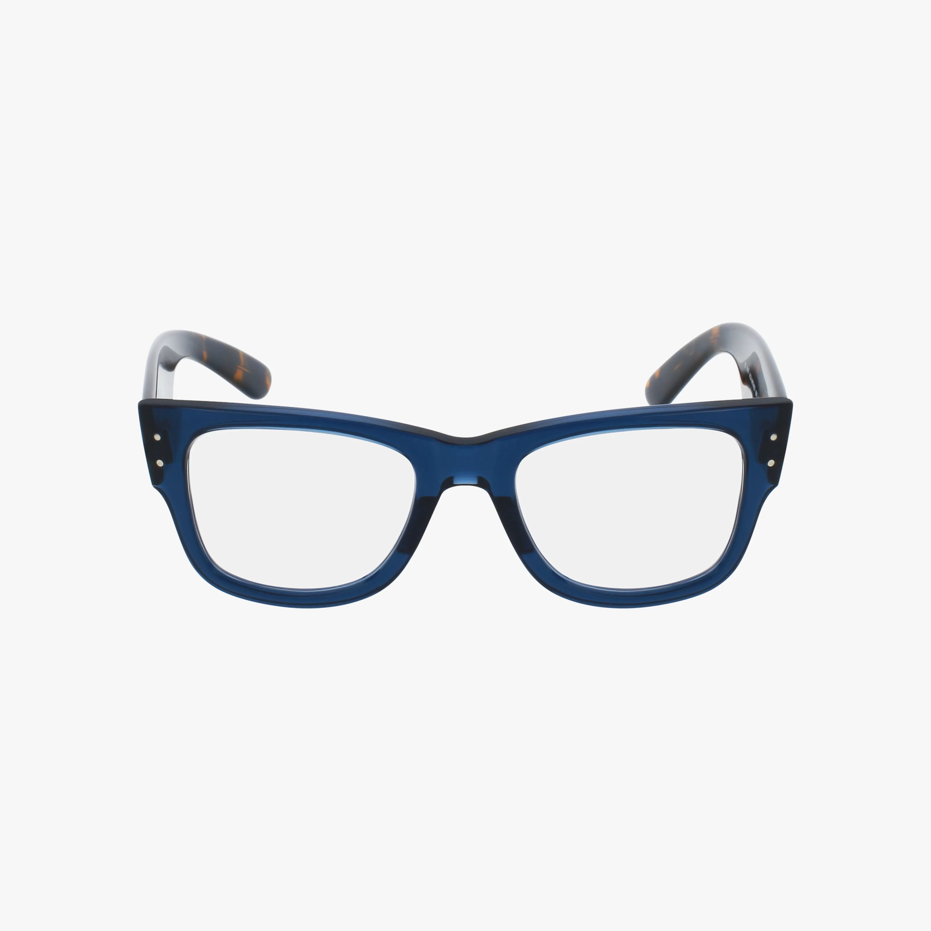 The RX0840V MEGA WAYFARER features blue rectangular frames with clear lenses and tortoiseshell-patterned arms, styled like a modern picture frame, shown against a white background.