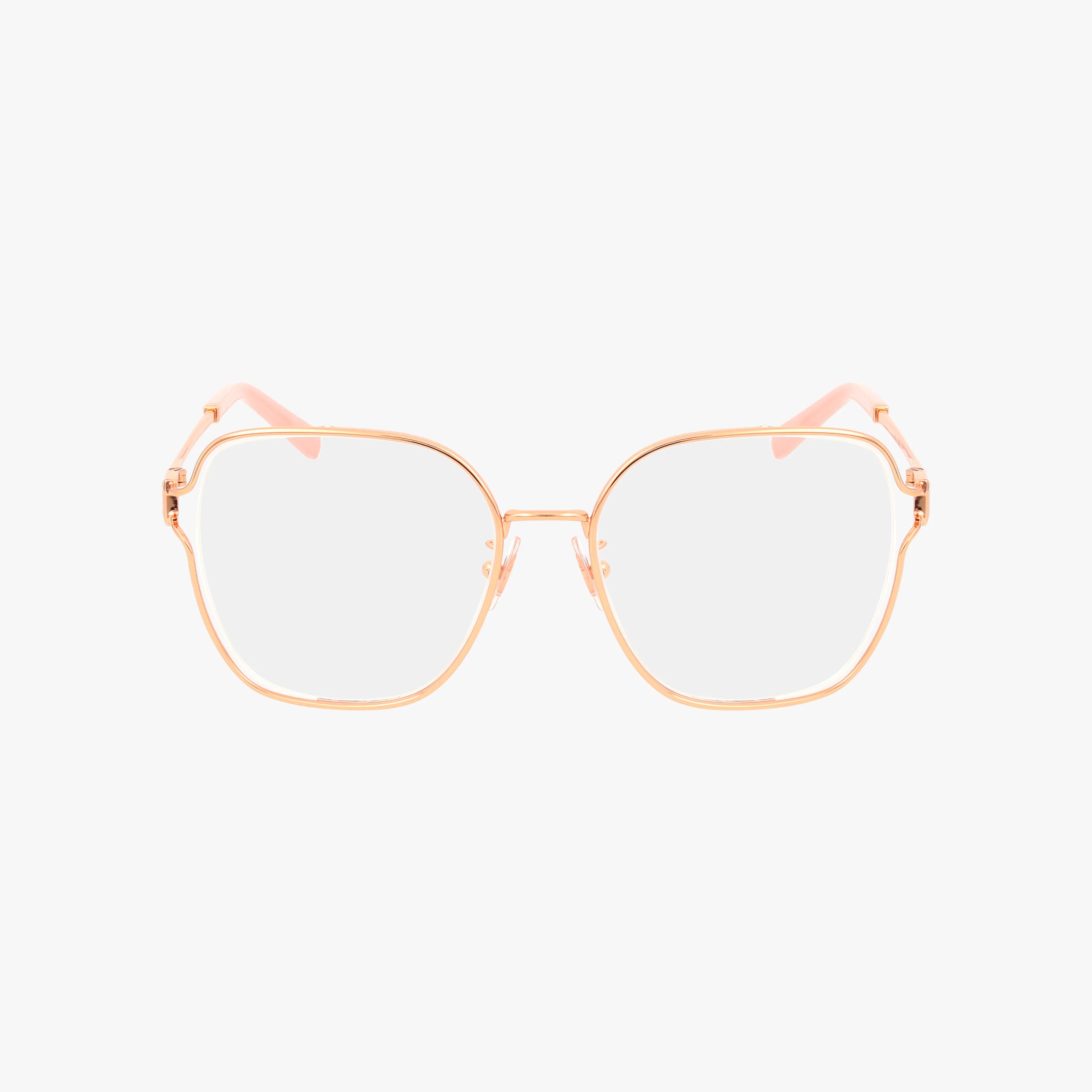 TF1155D gold metal eyeglasses feature a resilient frame, large square lenses, pink temple tips, and a modern design, shown on a plain white background.