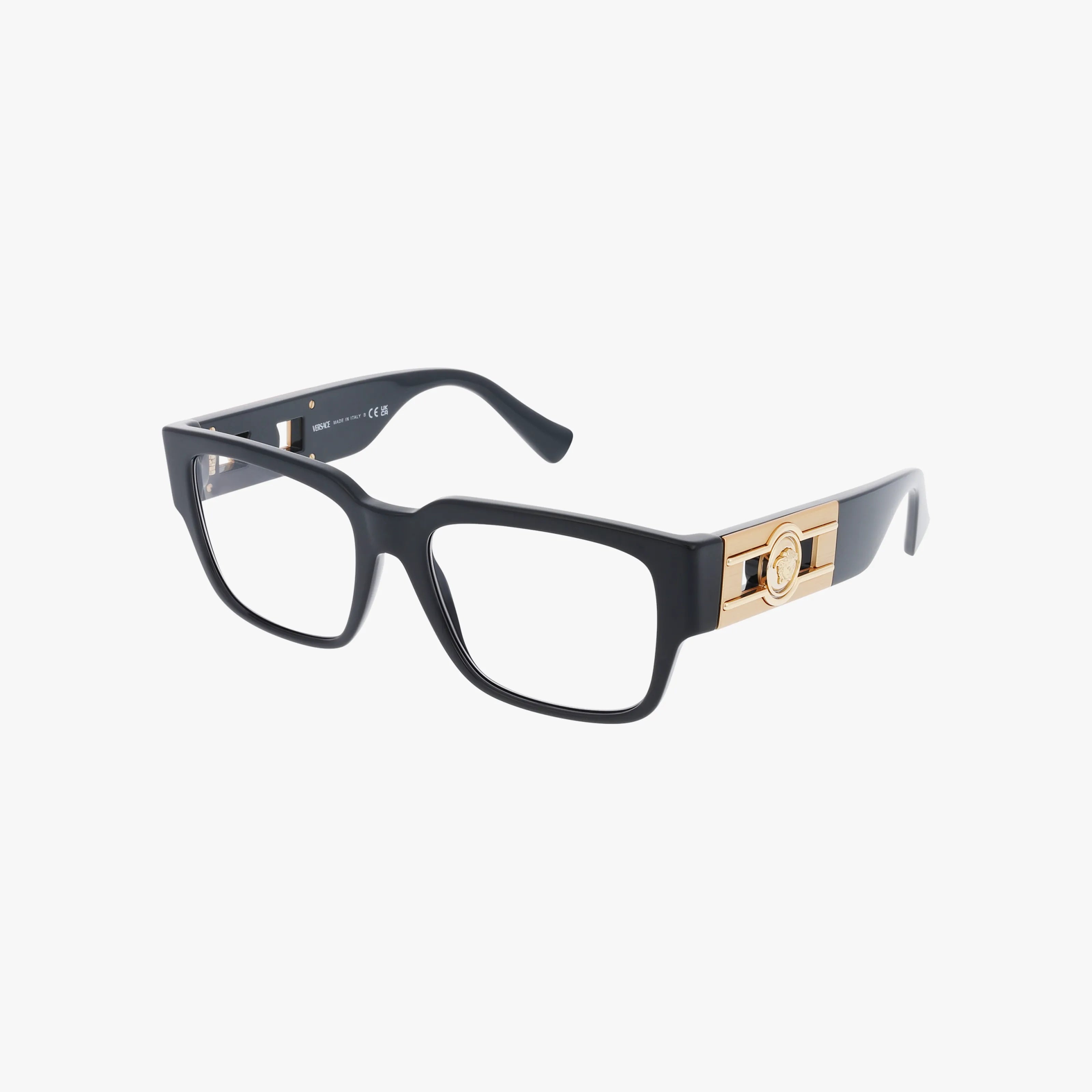The VE3350 features black rectangular thick frames with gold decorative temple accents and an engraved circular design, offering versatile style for online eyewear shoppers. Shown on a plain white background.