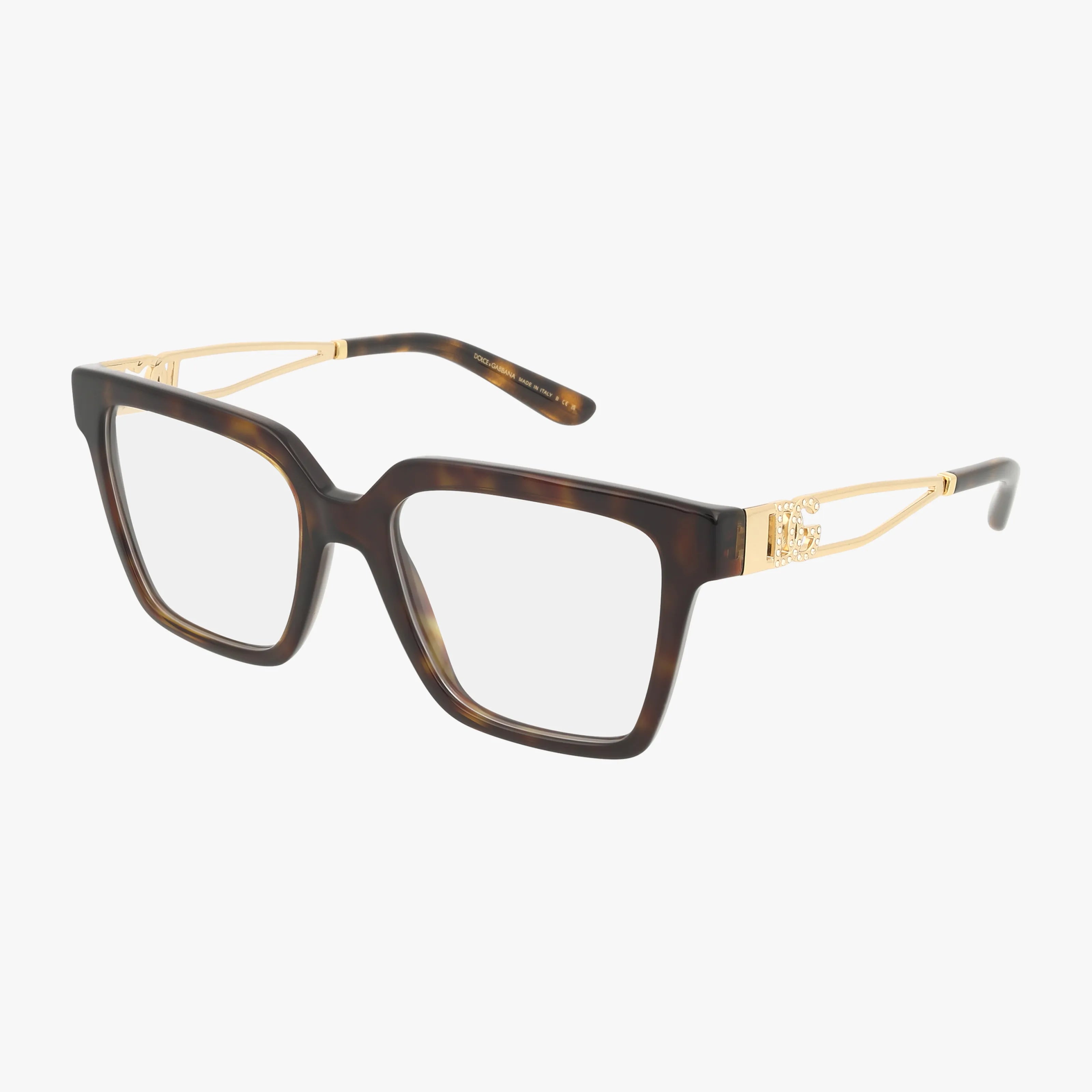The DG3376B glasses feature square-shaped frames in thick, dark tortoiseshell with gold metal temple arms and a decorative design near the hinges, perfect for daily wear.