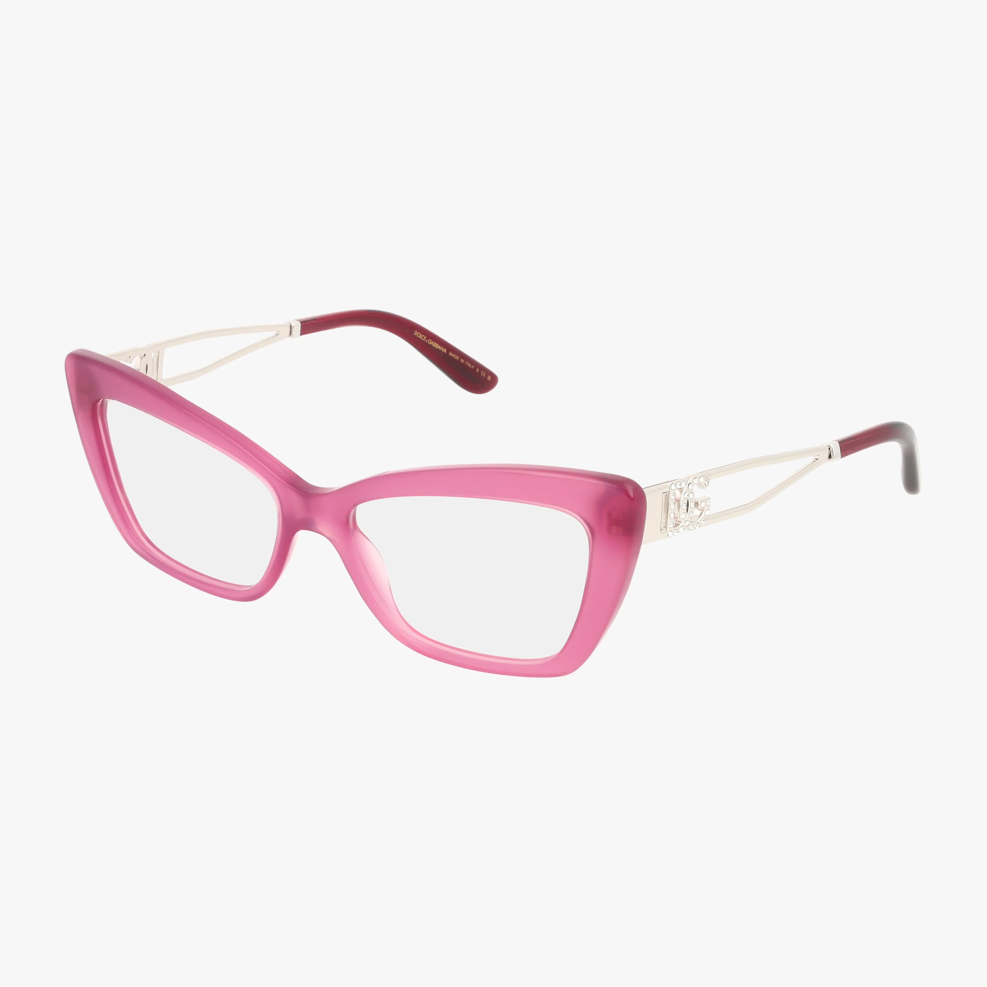 The DG3375B eyeglasses feature pink cat-eye frames, clear lenses, and gold metal temples with decorative detailing—modern and chic eyewear displayed on a white background.