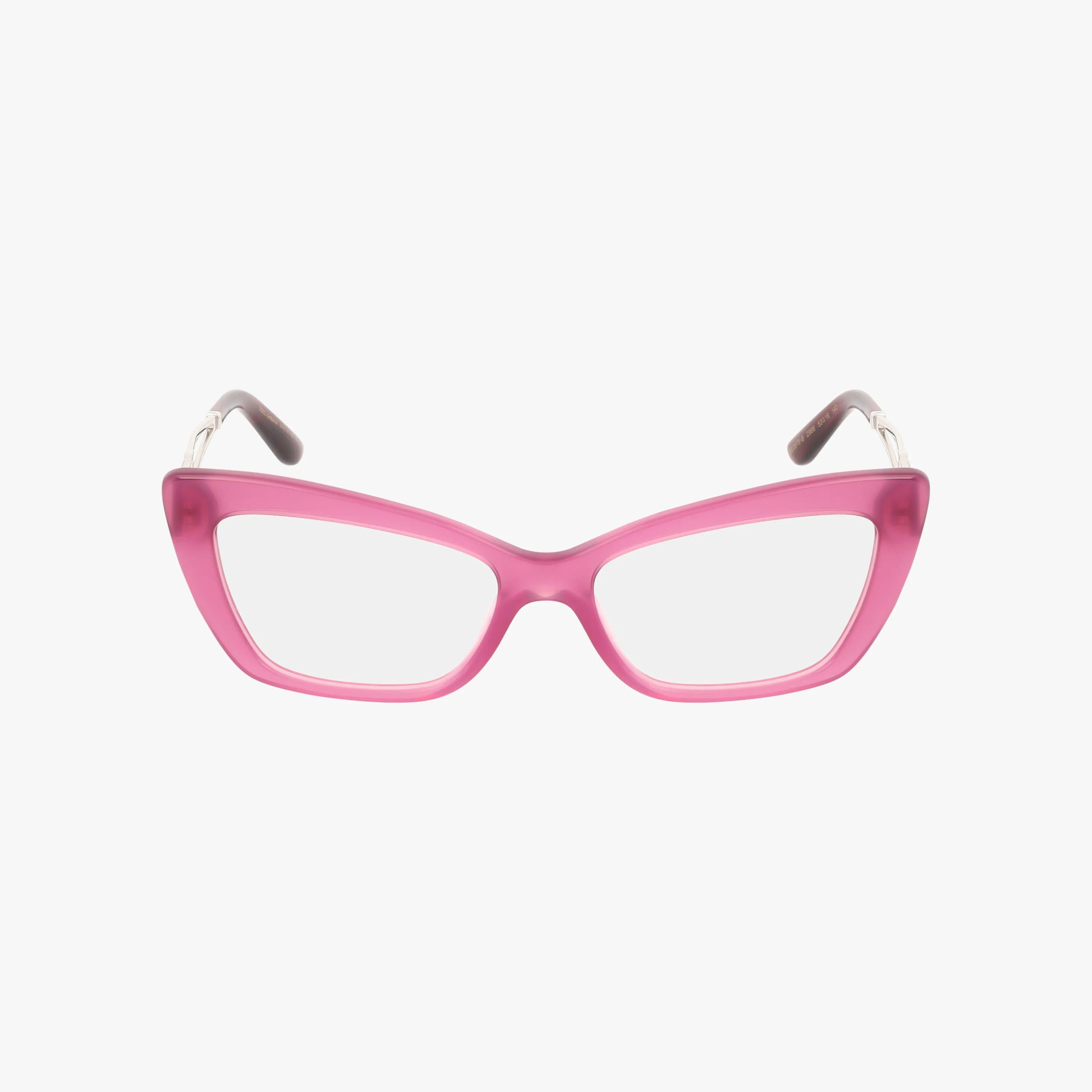 The DG3375B glasses feature a bold, glossy pink cat-eye frame with clear lenses and brown-tipped arms, shown front-facing against a white background—ideal for those wanting standout, modern eyewear online.