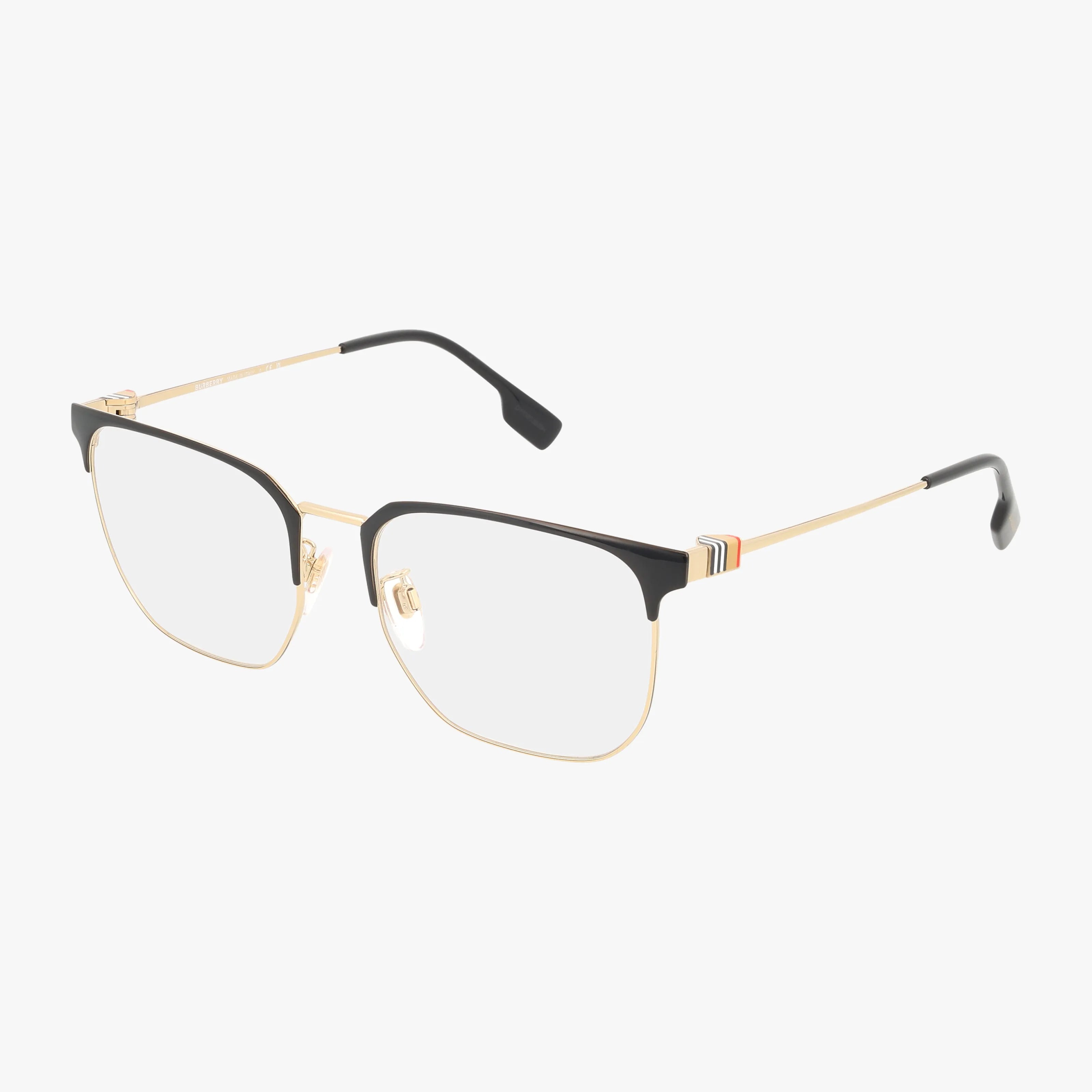 BE1383D: Rectangular eyeglasses with a lightweight thin gold metal frame, black upper rims, clear lenses, and subtle striped temple detailing. Gold arms with black tips make them ideal for daily wear.