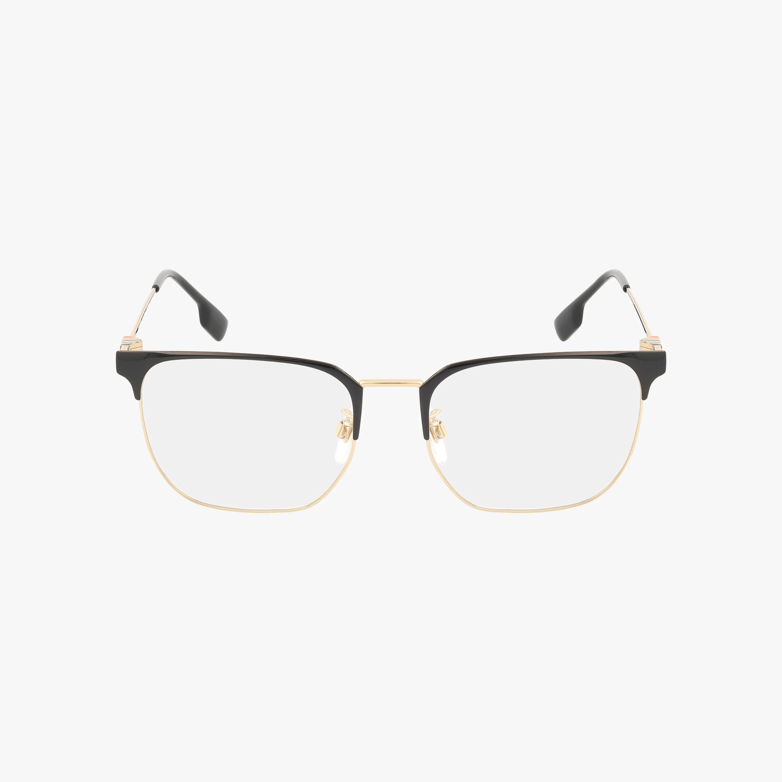 The BE1383D features rectangular gold metal rims with black accents on the top frame. Its lightweight design is perfect for daily wear, and its shown against a plain white background.