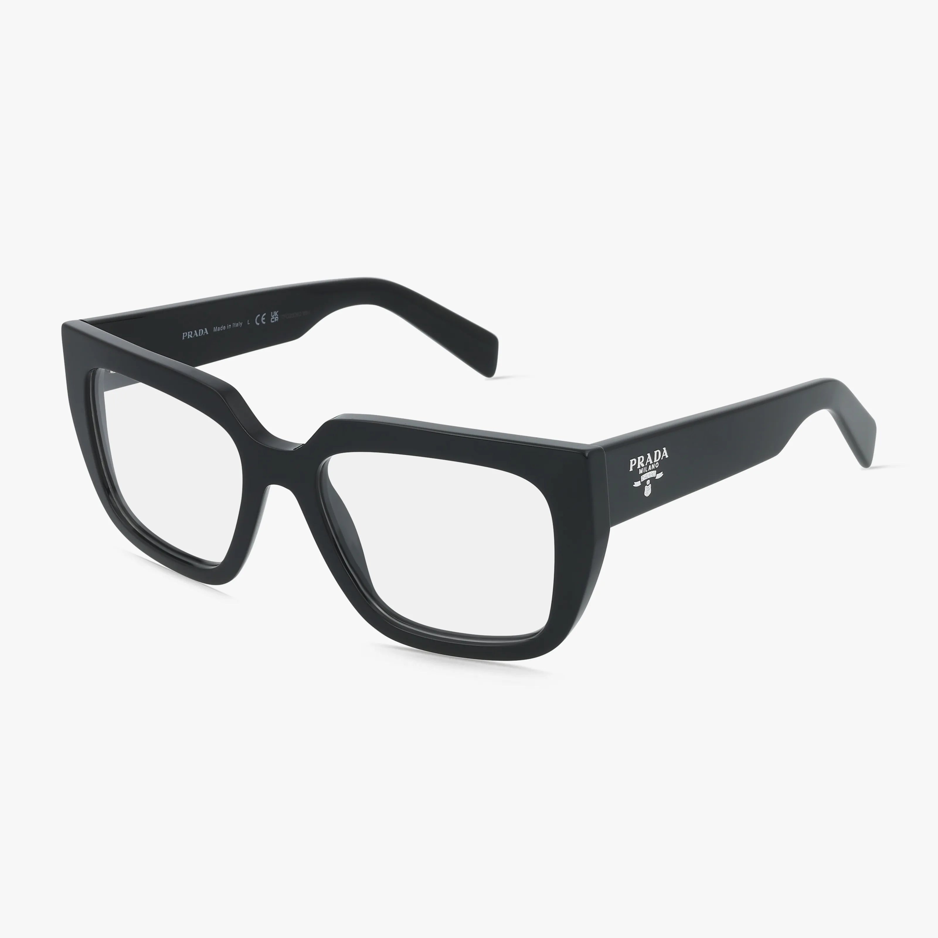 Black rectangular PRA03V eyeglasses with a refined, thick frame are shown angled on a white background. The Prada logo appears on the temple, adding elegance to your visual experience.