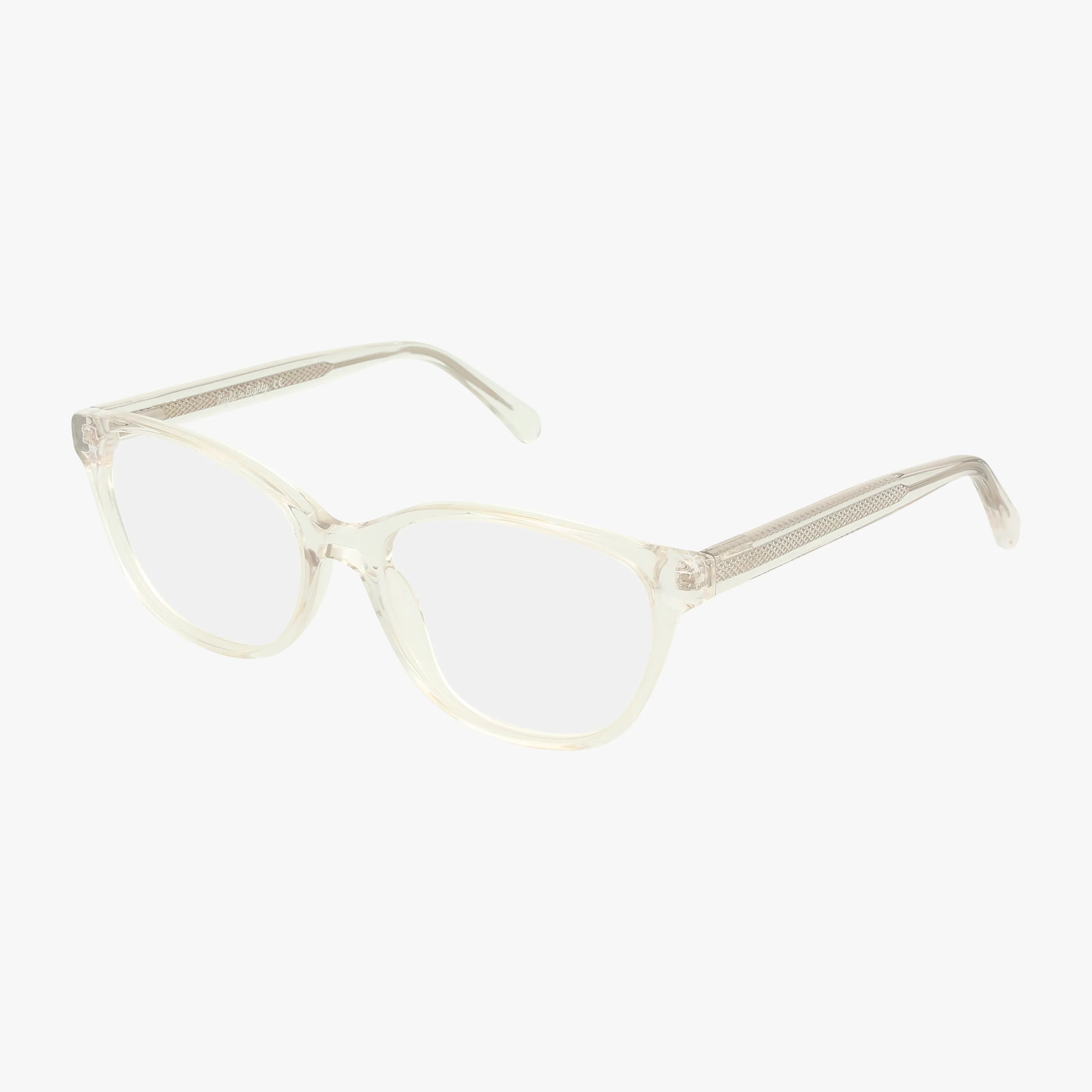 JENNY clear, transparent eyeglasses feature round lenses and subtly angled arms, shown on a white background. This elegant eyewear offers a modern, minimalist design with a refined frame.