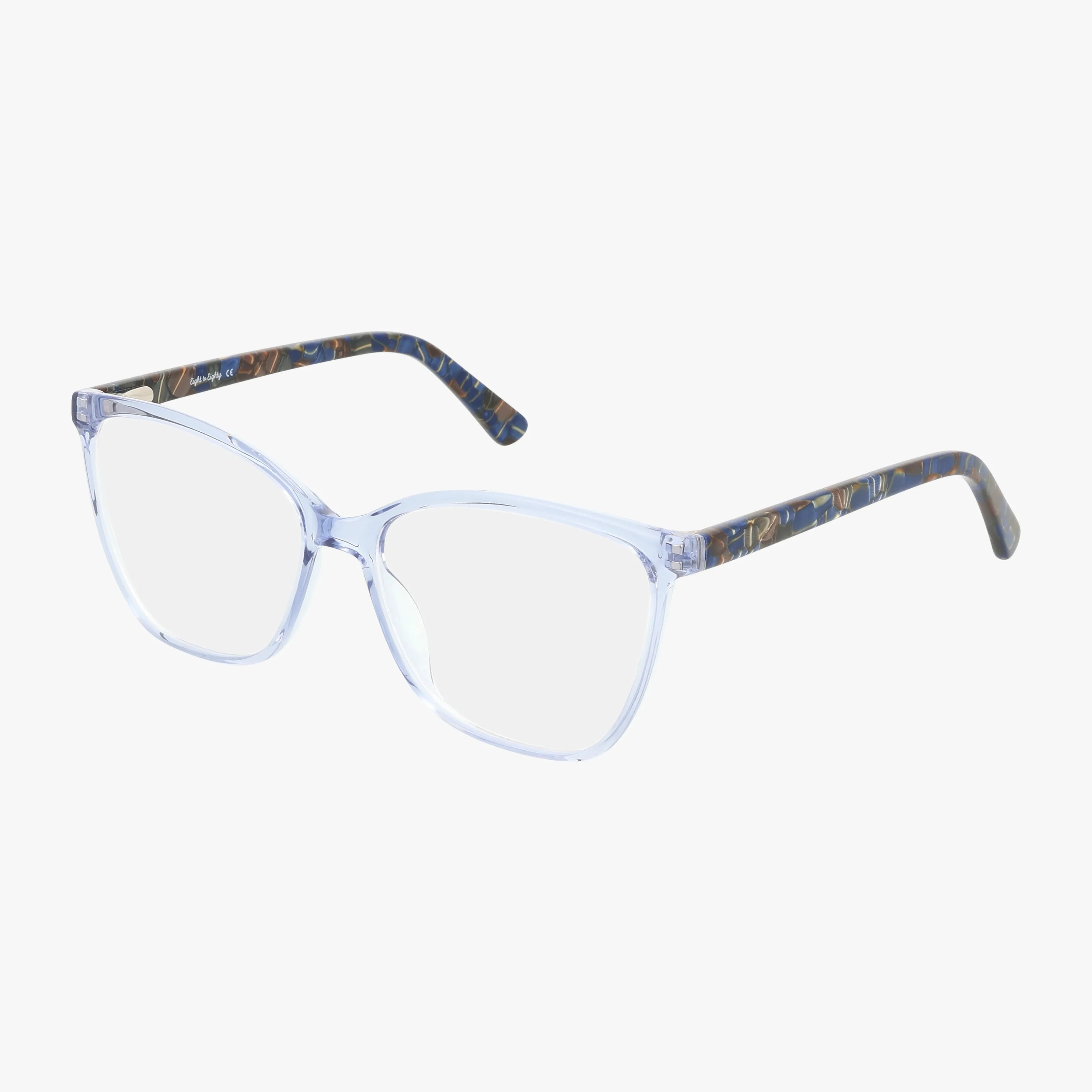 KIMBERLY eyeglasses feature a clear rectangular frame with transparent fronts and patterned brown and blue arms, shown on a white background.