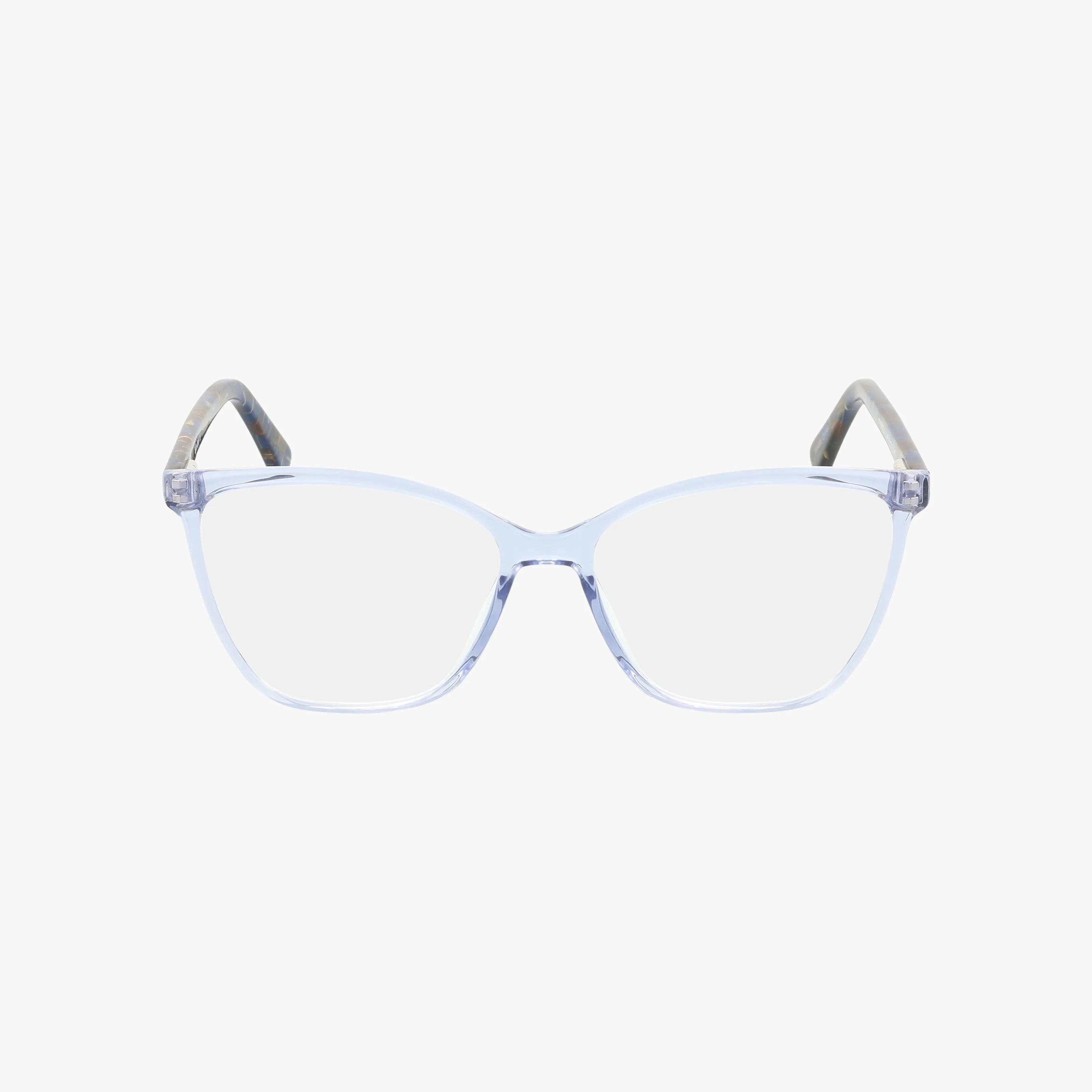 The KIMBERLY eyeglasses feature a sleek frame with clear, slightly blue-tinted rectangular lenses and dark arms. Their lightweight build and versatile style make them perfect for any occasion, shown here against a plain white background.