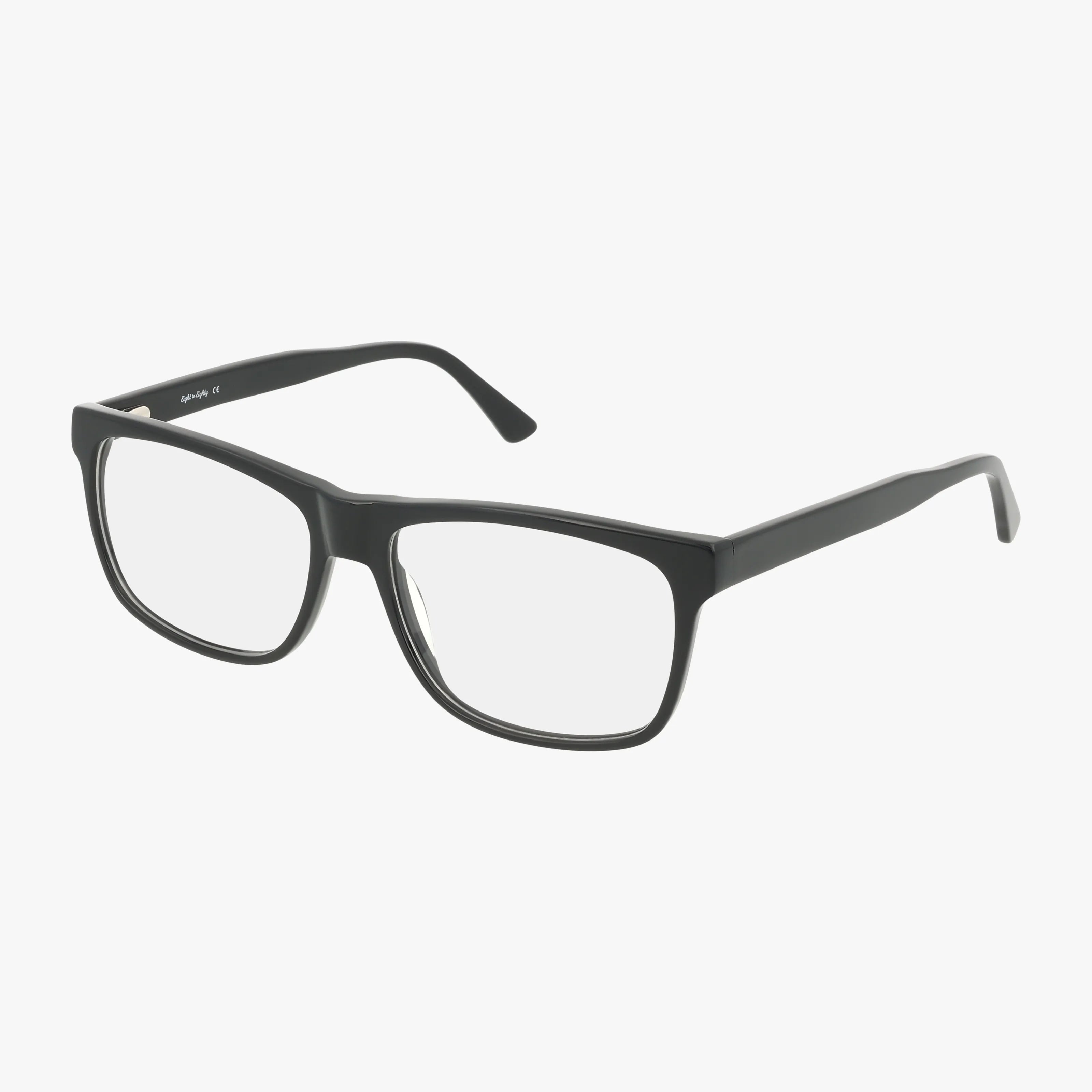 The MAVERICK features black rectangular frames with clear or blue light lenses, displayed on a white background. This simple, classic eyewear has a lightweight build, slightly thick arms, and rounded edges.