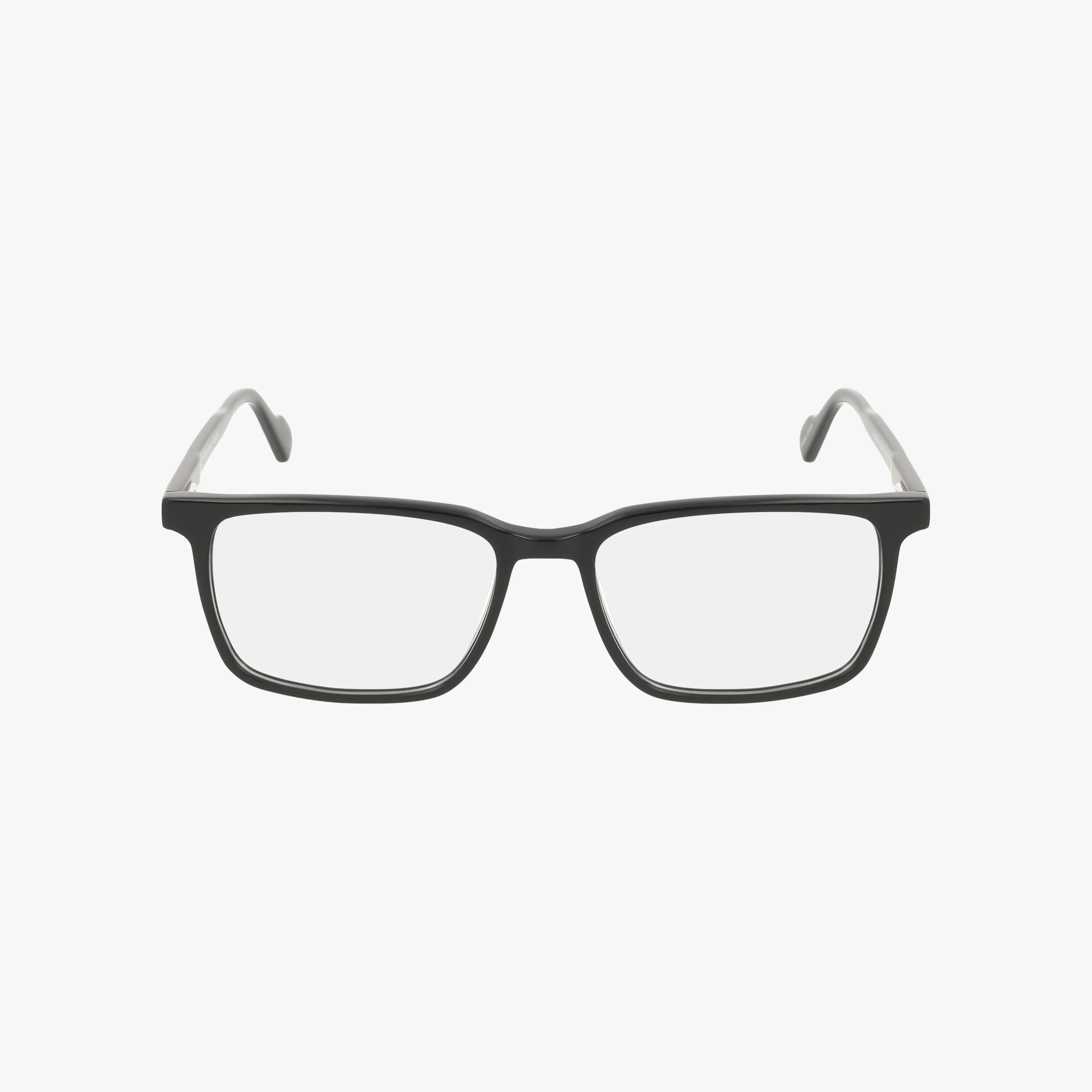 The ROGER features a minimalist black rectangular frame with clear prescription lenses and gray temple tips, displayed against a plain white background.