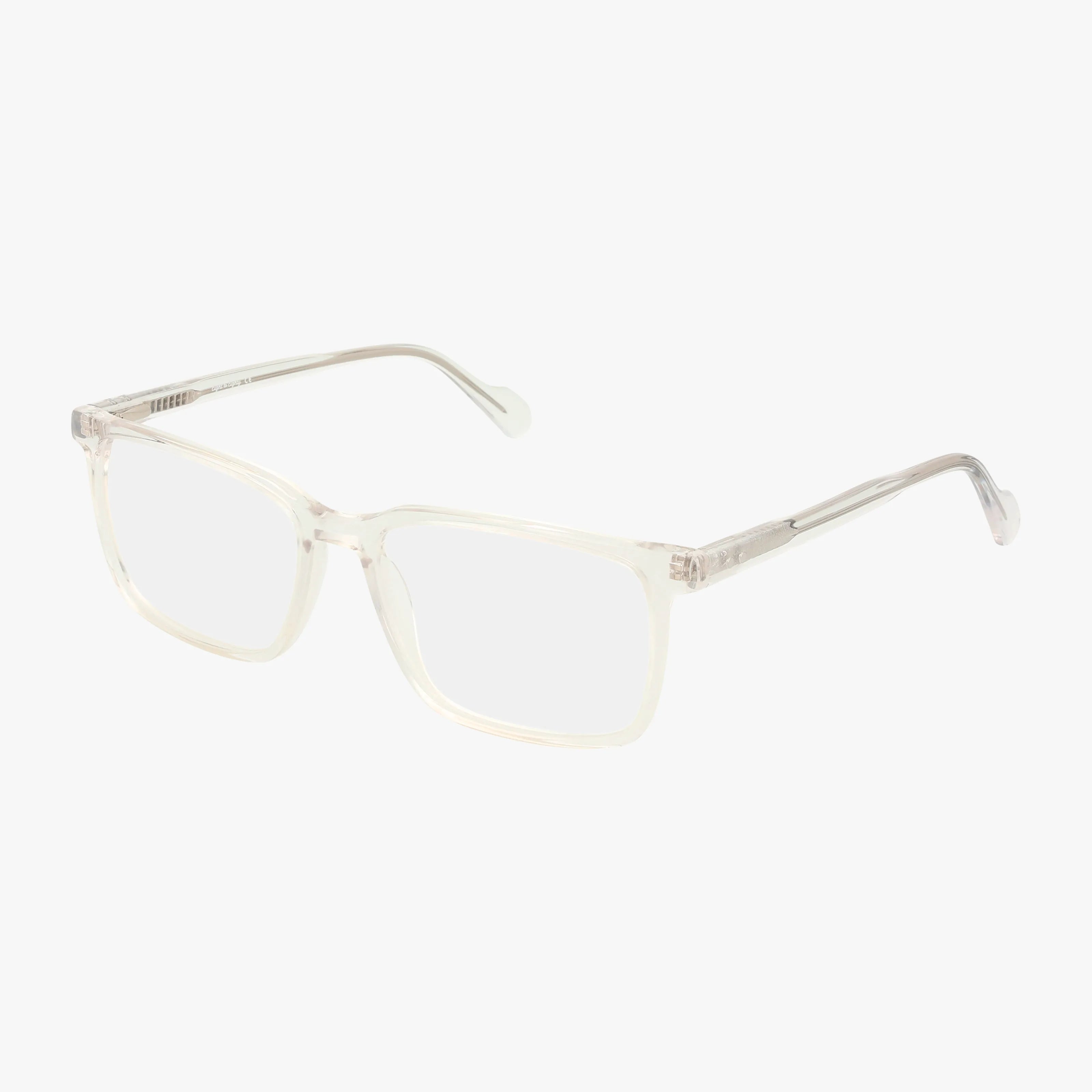 ROGER clear rectangular eyeglasses feature a minimalist transparent frame and slightly curved arms for modern durability, shown against a plain white background.
