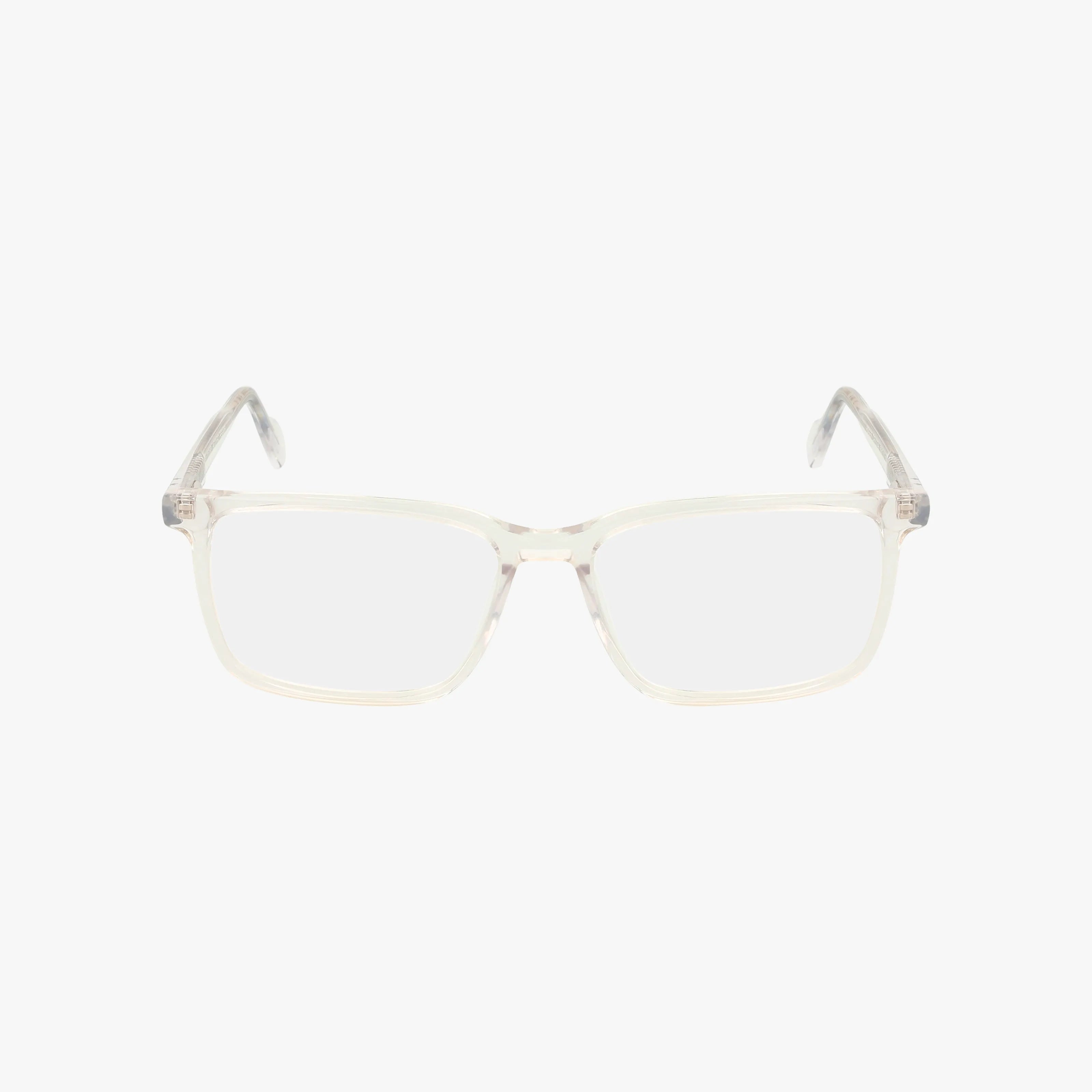 ROGER eyeglasses feature a minimalist rectangular clear frame and transparent lenses, showcased on a plain white background.