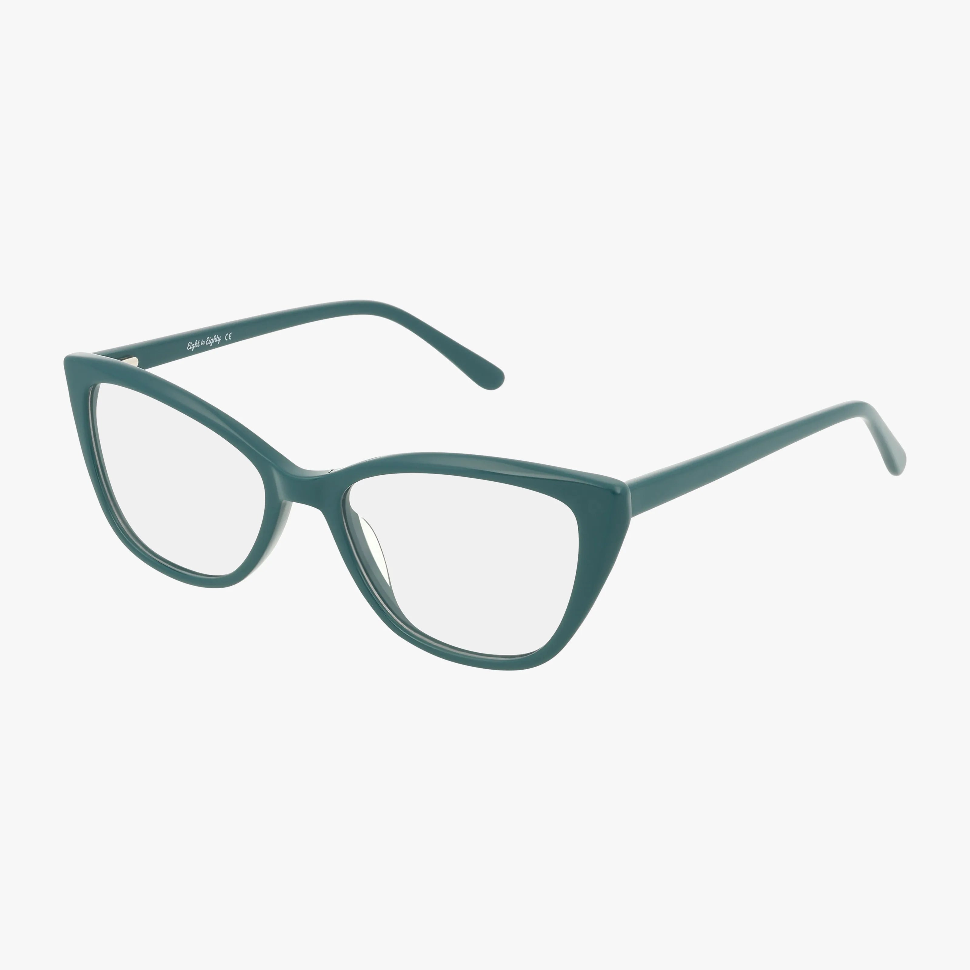 GALA cat-eye eyeglasses in teal with clear lenses, displayed on a white background. This stylish frame has a bold, angular design with rounded edges and wide arms for a balanced look.