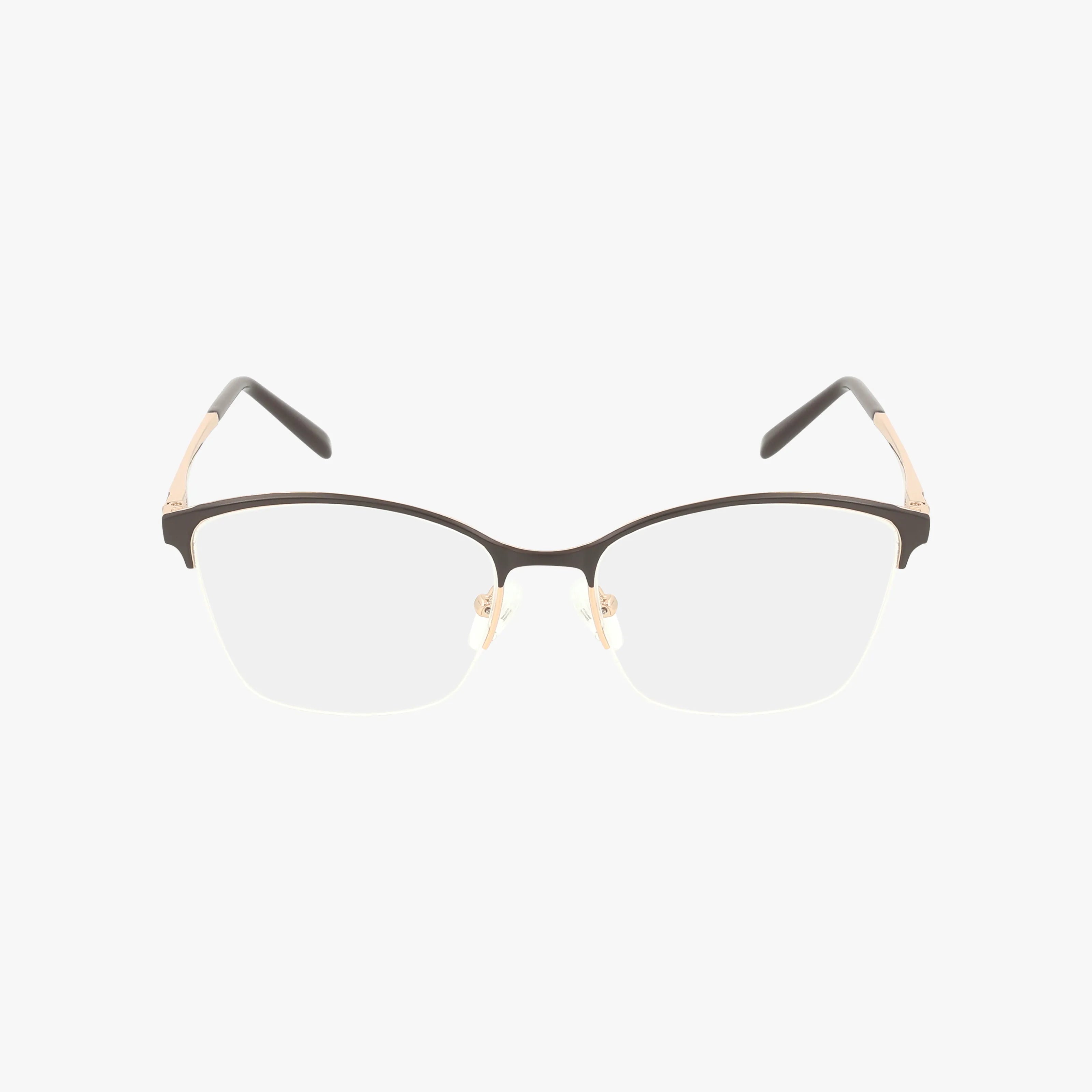 ANNIE semi-rimless eyeglasses feature a stylish black upper frame with clear lenses, thin gold accents on the hinges and nose pads, and classic lines, all displayed against a plain white background.