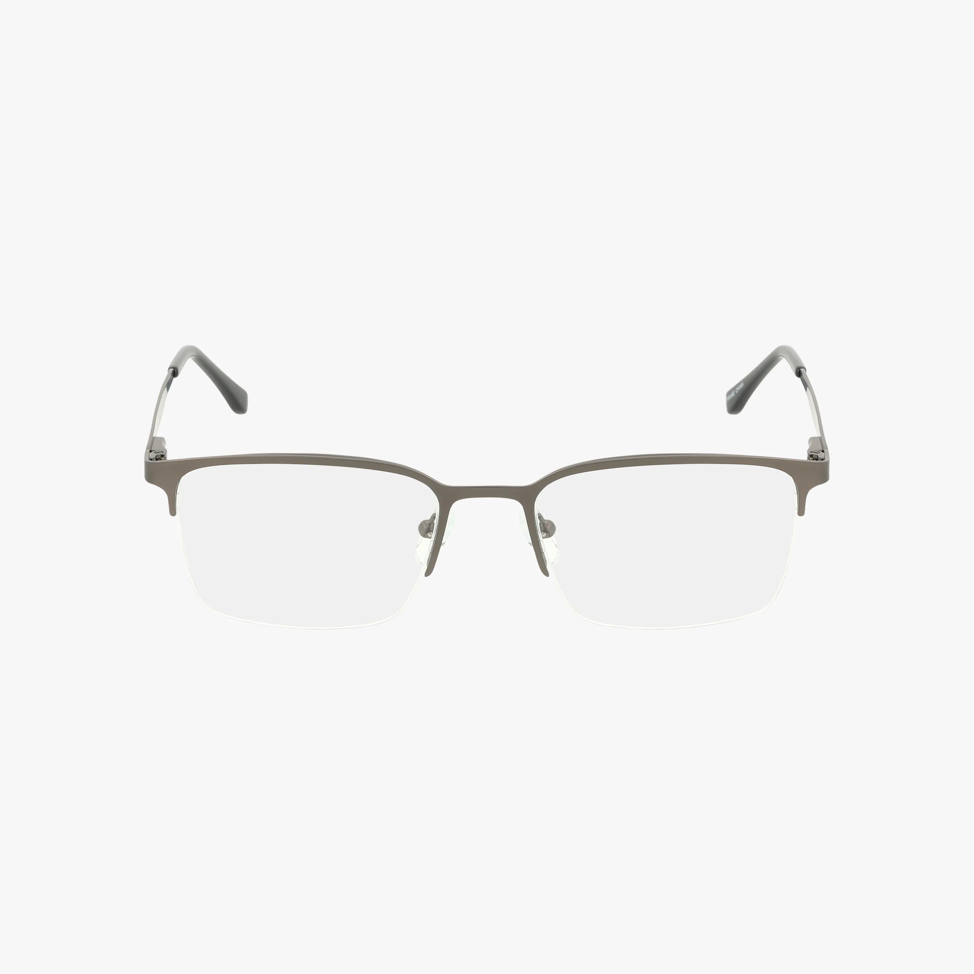 THOMAS rectangular, semi-rimless eyeglasses feature a thin metallic gray frame and clear lenses for a sturdy look, displayed against a plain white background.