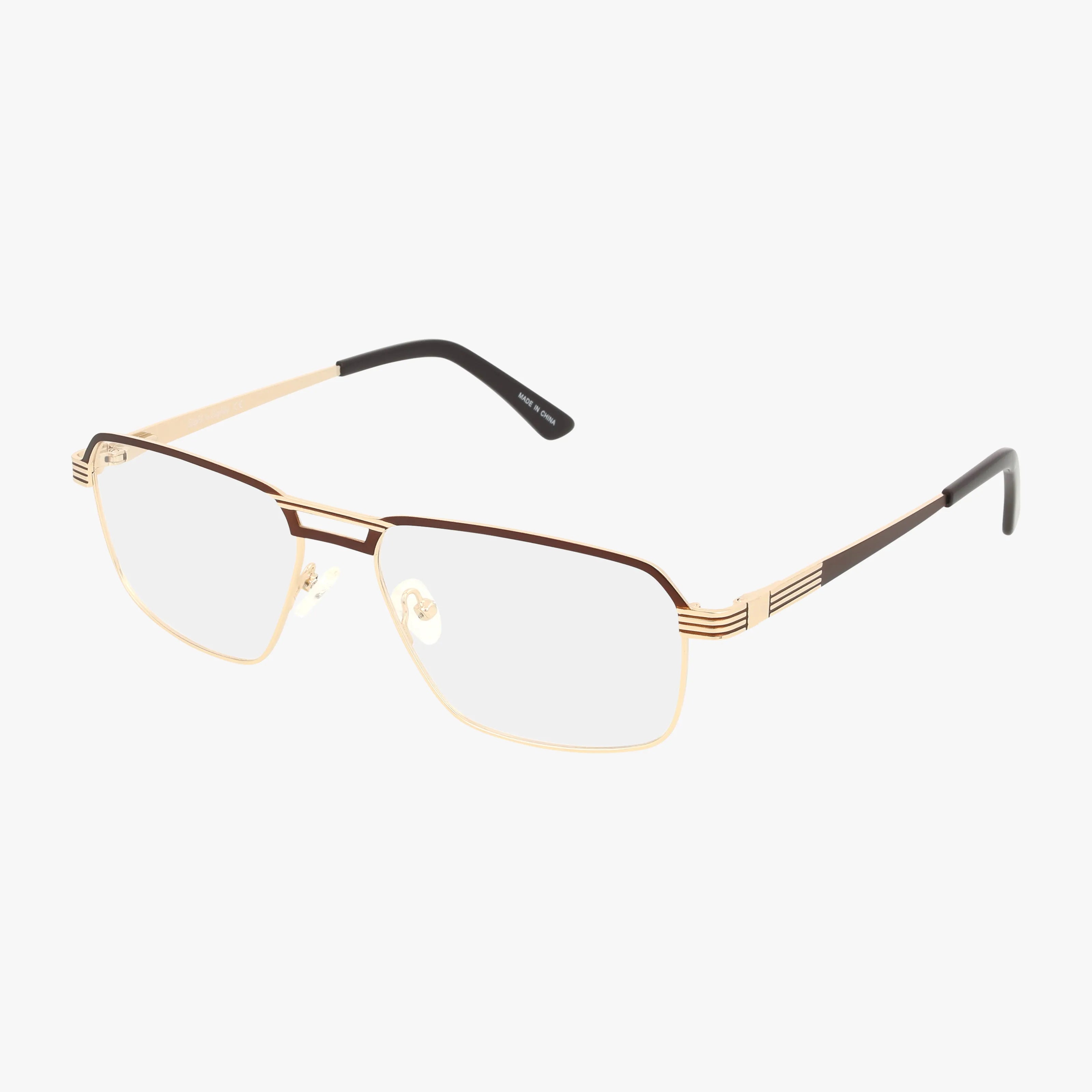 The DEACON eyeglasses feature stylish gold and brown metal rectangular frames with blue light lenses, thin lightweight design, black-tipped temple arms, displayed on a white background.