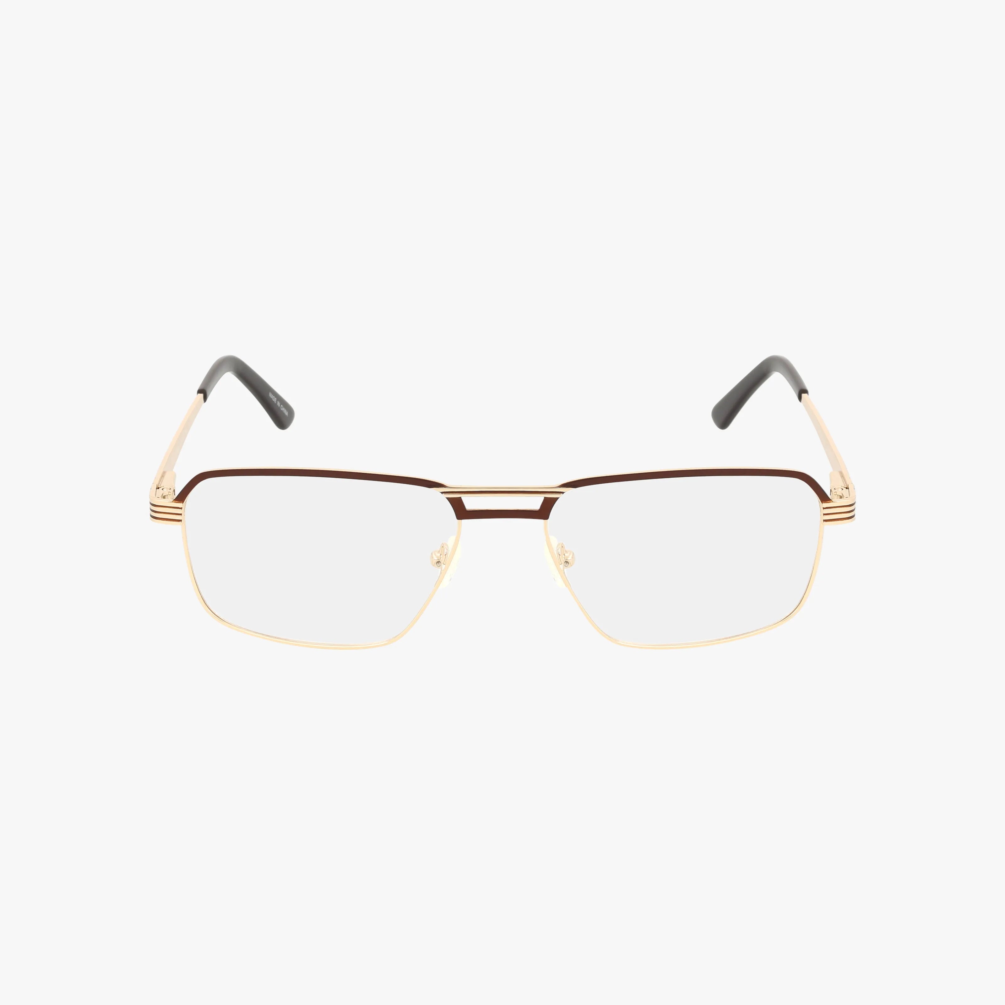 The DEACON features rectangular gold metal frames, thin temples with black tips, and a lightweight design for timeless elegance, showcased on a plain white background.