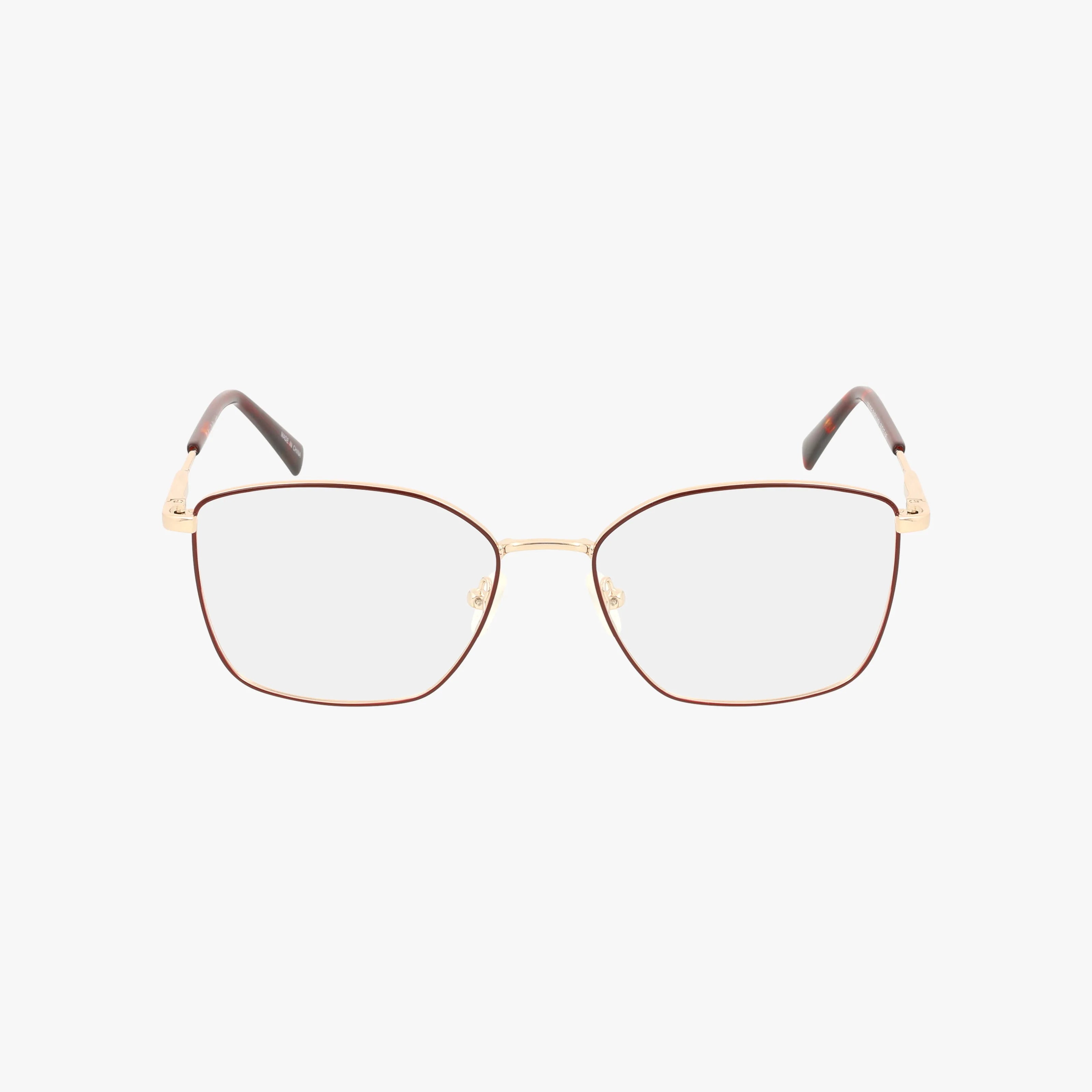 GOLDIE square-shaped eyeglasses feature thin gold metal frames, brown temple accents, clear lenses, and adjustable nose pads for a modern look. Displayed on a white background, they offer a distinctive and stylish twist.